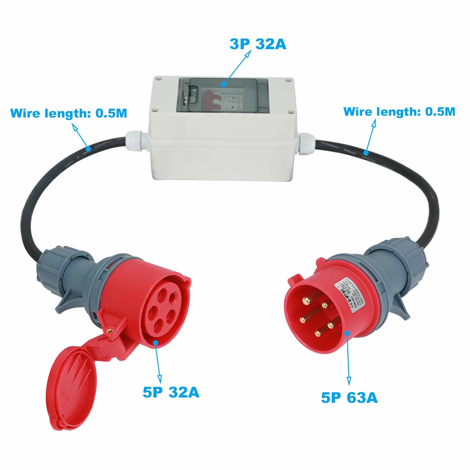 CEE Adapter 63 A 400 V wtyczka na 32 A 400 V sprzęgło z wyłącznikiem nadprądowym 32 A - IP44 CEE wtyczka H07RN-F 5G4/5G6 gumowy kabel zasilający 5 x 2,5 mm
