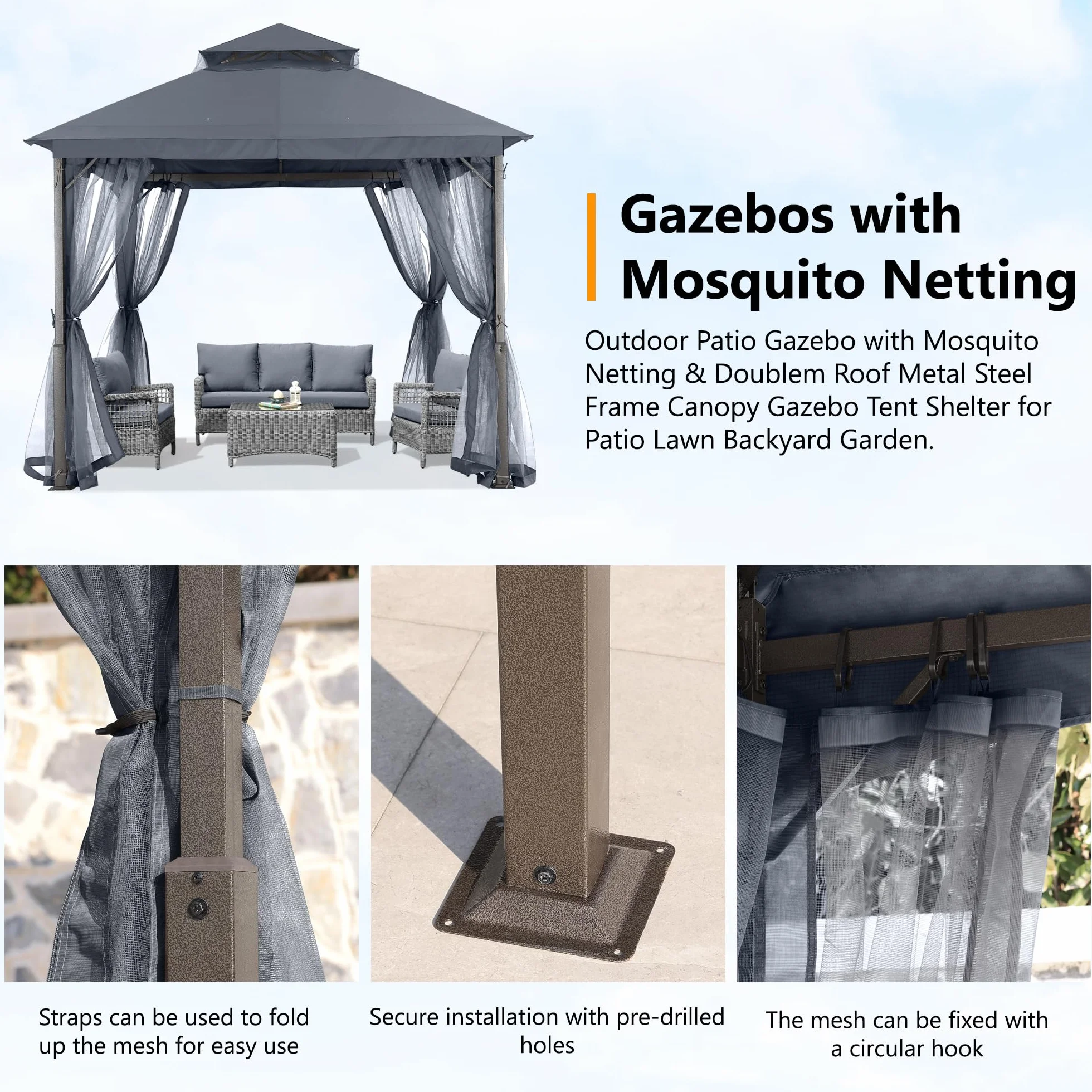 ABCCANOPY Pawilon ogrodowy 2,5 x 2,5 m z podwójnym dachem siatką cień deszcz szary