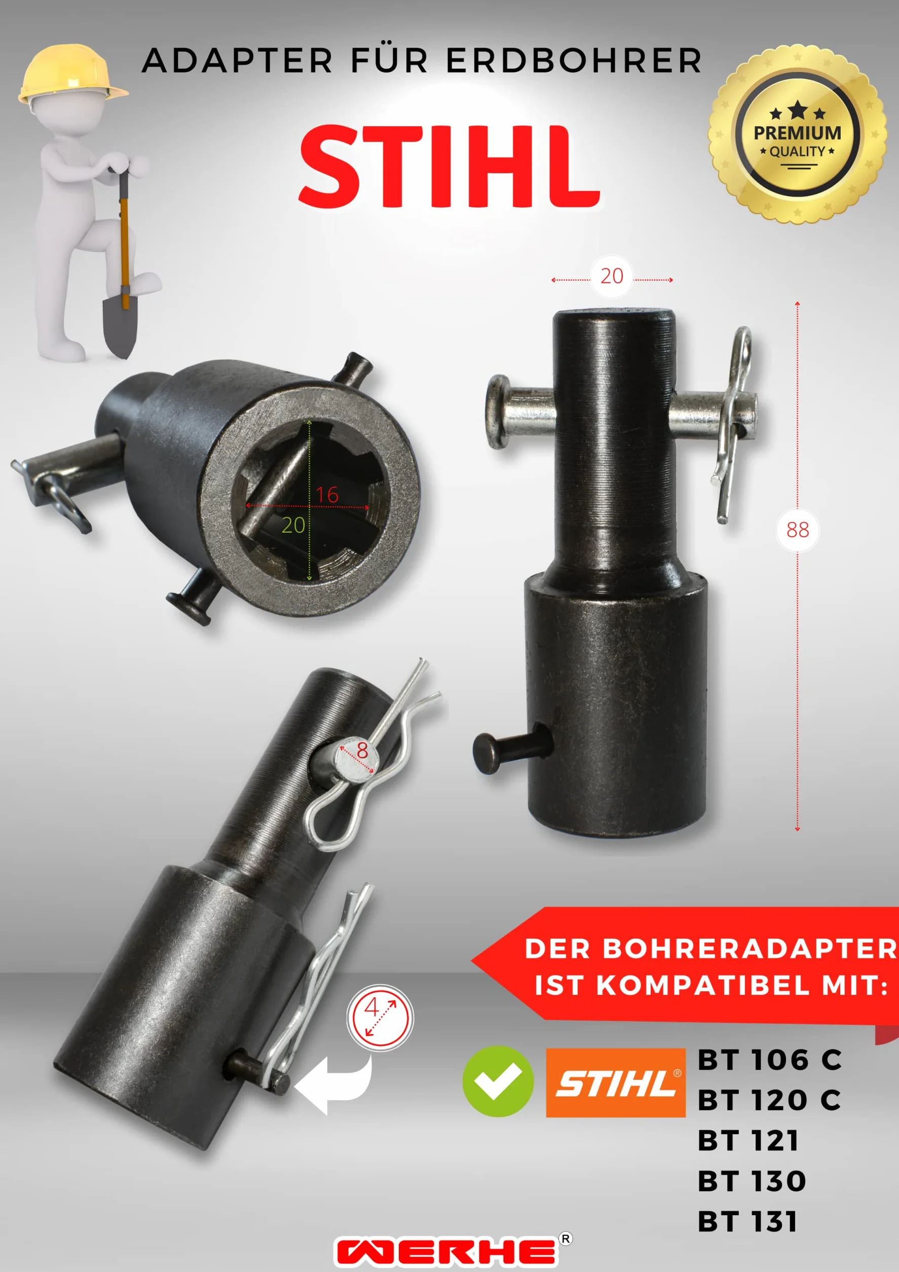 Adapter do wiertnic ziemnych kompatybilny z wiertarkami pilarskimi Stihl BT 106 C, BT 120 C, BT 121, BT 130