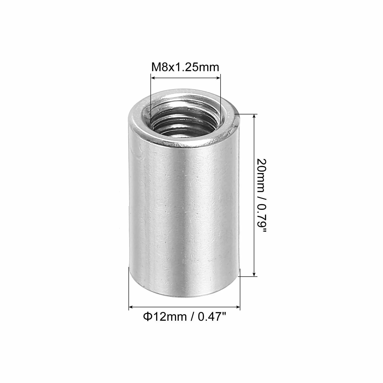 QUARKZMAN 6 sztuk okrągłych nakrętek łączących M8, nakrętka łącząca ze stali nierdzewnej 304 długość 20 mm / 0,8" nakrętka szpilka pręta tuleja długość wspornika, M8 x 20 x 12 mm