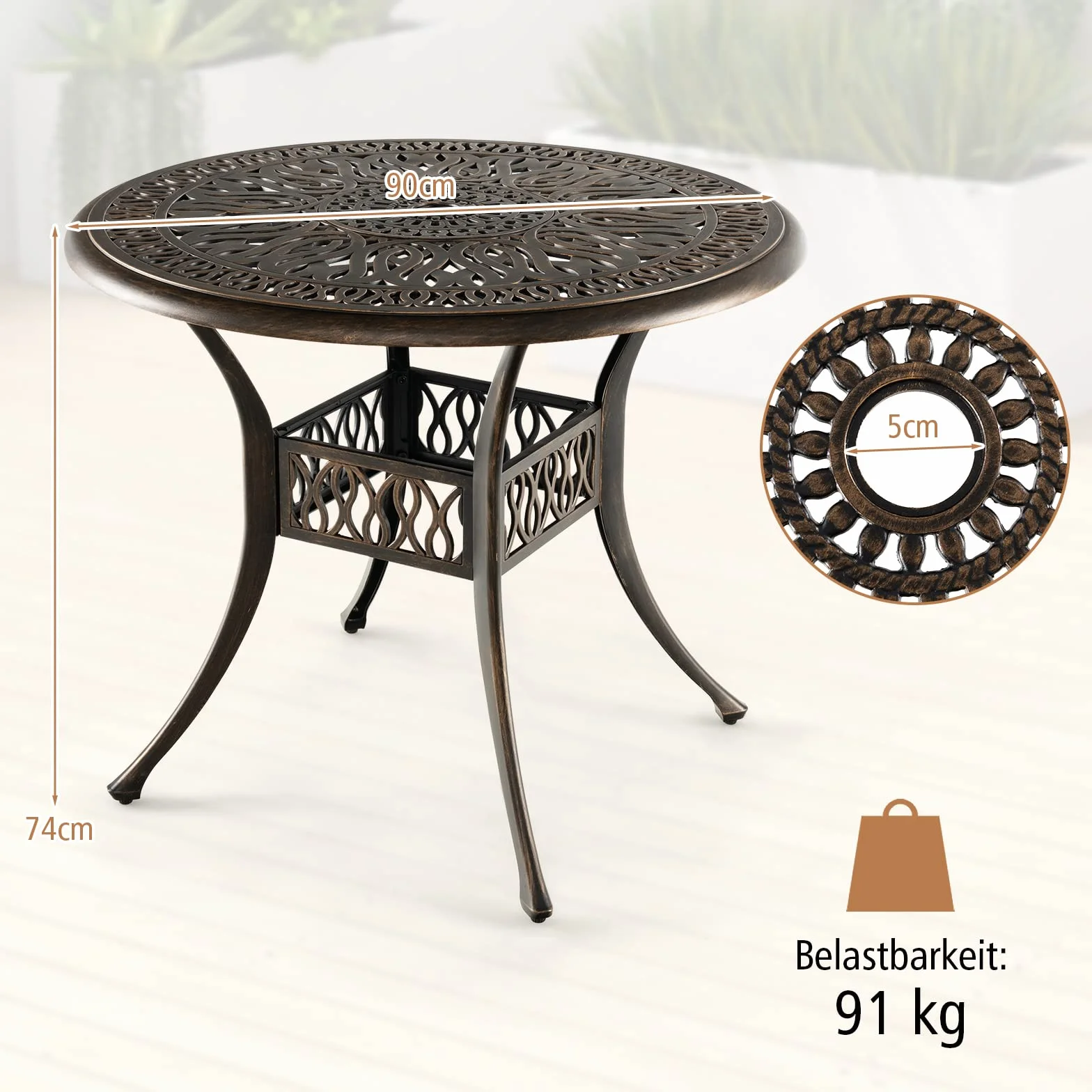 COSTWAY Stół ogrodowy z otworem na parasol, Ø 90 cm, okrągły stół balkonowy z odlewu aluminiowego, odporny na warunki atmosferyczne, stół tarasowy do ogrodu, antyczny wygląd, 90 x 90 x 74 cm