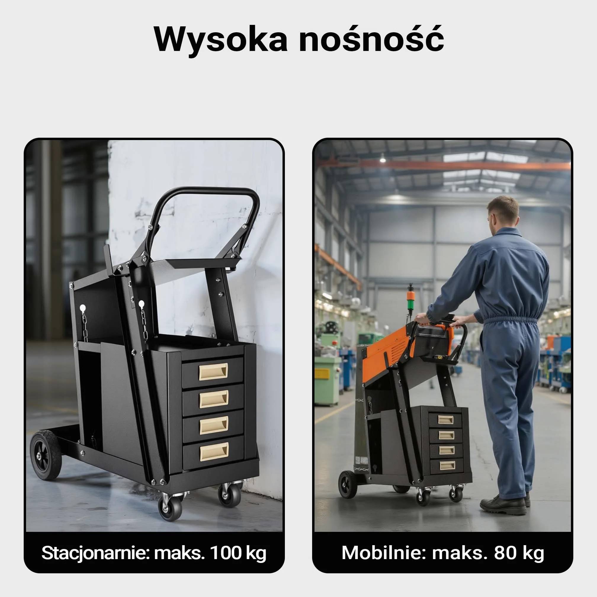 Wiltec Wózek spawalniczy na spawarkę i butlę gazową z 4 szufladami, nośność do 100 kg, ze stali, wytrzymały mobilny na akcesoria spawalnicze