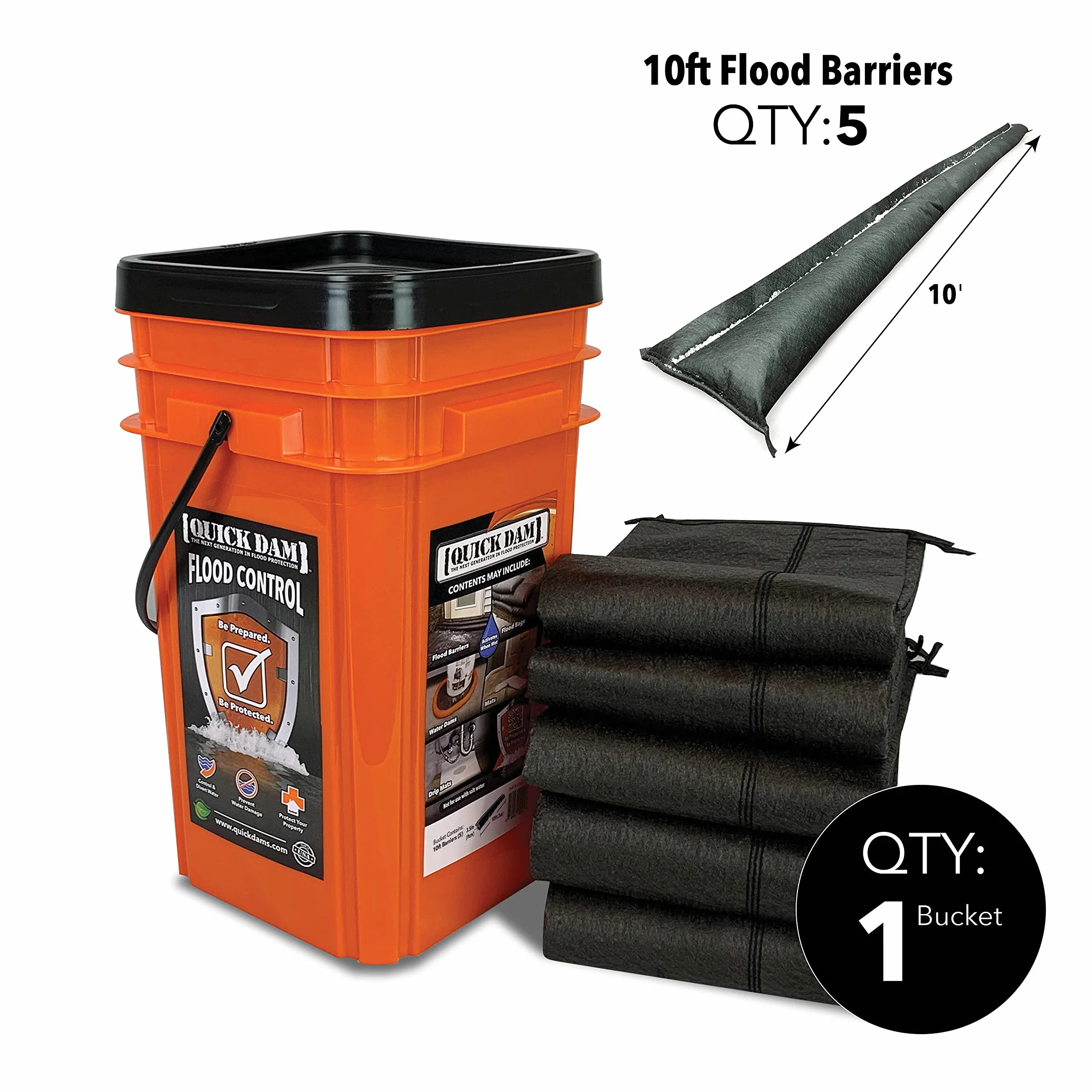 Quick Dam Grab & Go Zestaw 5 ochraniaczy przeciwpowodziowych, 1,5 m i 10 worków chłonnych, 61 cm, z wiadrem, QDGG10-5, 0V