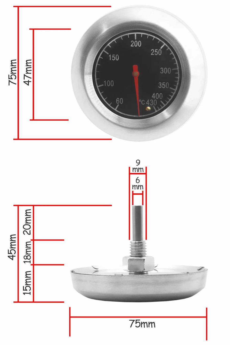 Termometr do grilla ze stali nierdzewnej, odporny na temperaturę, Ø 7,5 cm, 10°C - 400°C