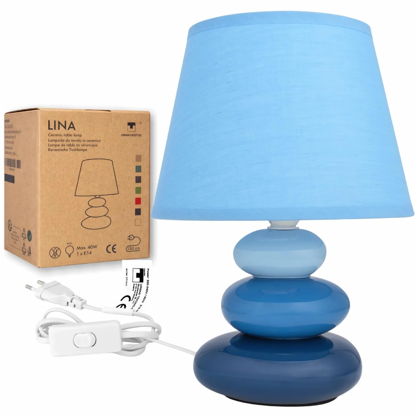Lampka nocna "Lina" (niebieska) lampa stołowa ceramiczna lampa stołowa z abażurem z materiału, nadaje się do LED, E14 230 V, ceramika, lampa stołowa, lampka nocna, lampa okienna, lampa na sofę, lampy