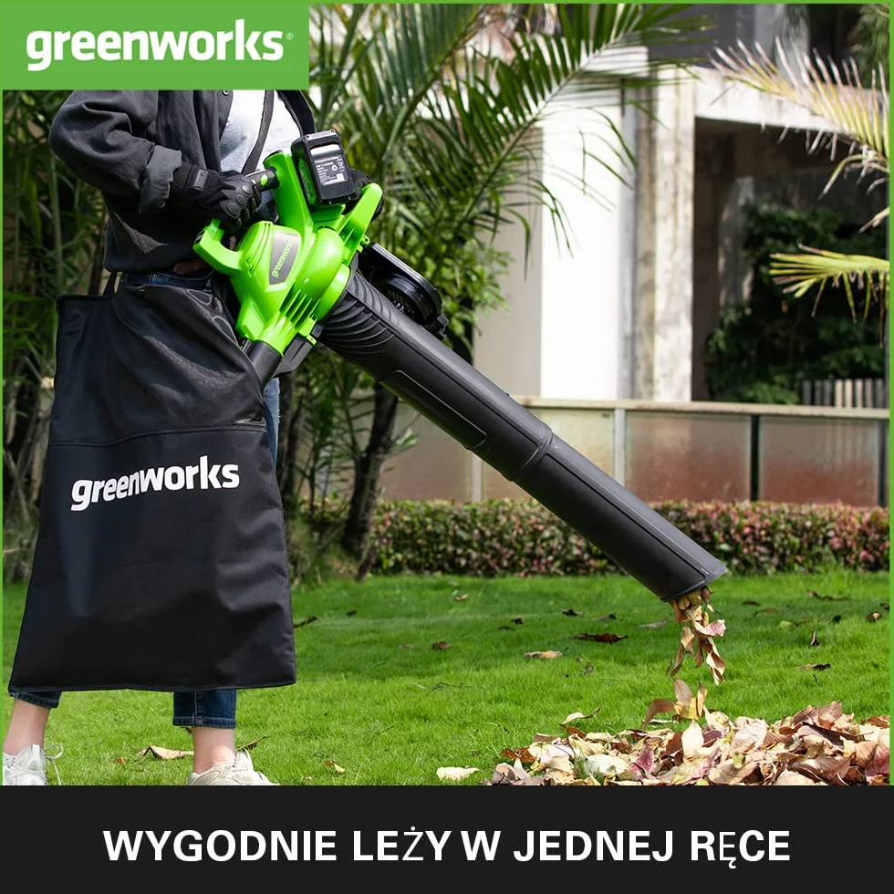 Greenworks GD24X2BVK4X Akumulatorowa dmuchawa odkurzacz do liści, silnik bezszczotkowy, 322 km/h, 9 m³/min, worek 45 L, 2×24 V (odpowiednik 48V)