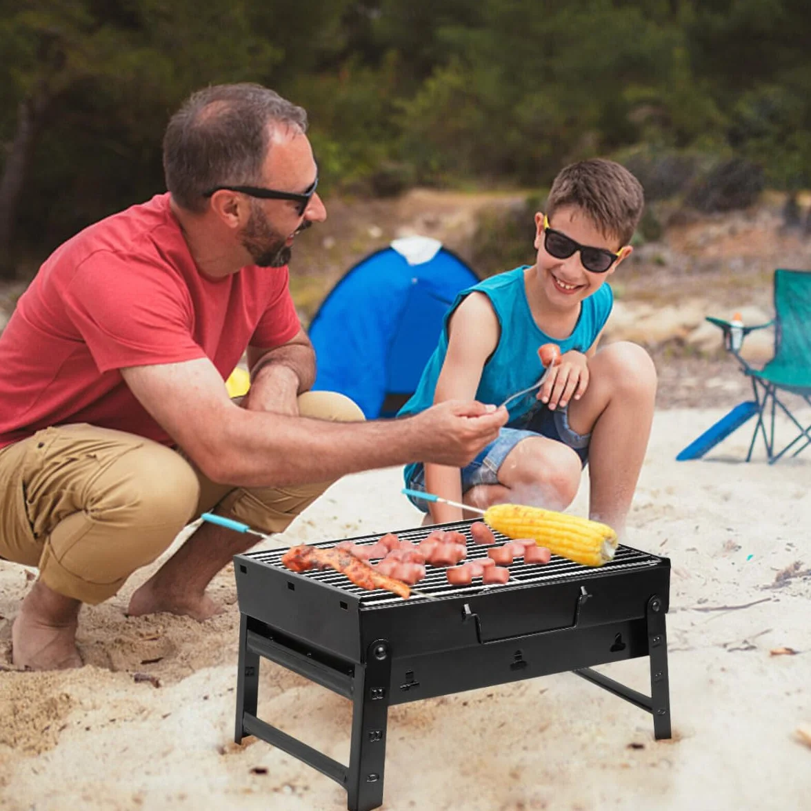 Grill ogrodowy, grill na węgiel drzewny, przenośny, składany, turystyczny z węgla drzewnego, na kemping, ze stali nierdzewnej (TG71421)