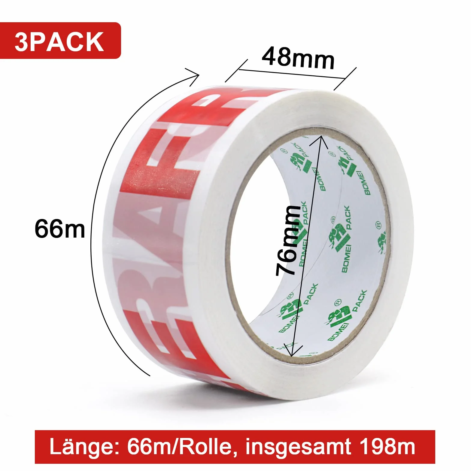 BOMEI PACK Zestaw 3 rolek taśmy klejącej z fragile (kruche) 48 mm x 66 m, ekstra mocna, z odwijarką w zestawie, taśma klejąca, do kartonów do przeprowadzek i uwaga taśma do pakowania
