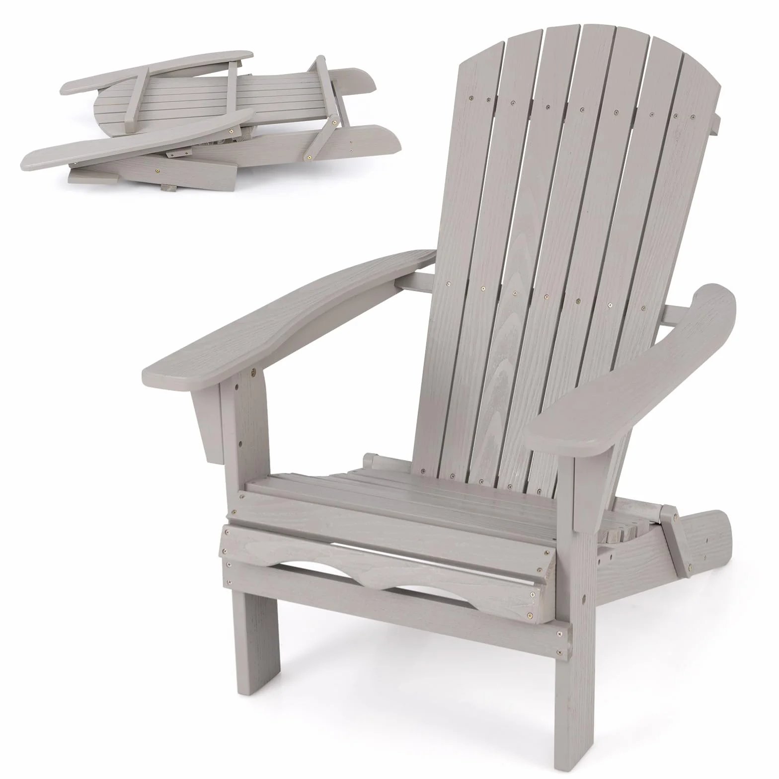 GIANTEX Adirondack składane krzesła 1/2, leżak zewnętrzny o konstrukcji z drewna świerkowego, wysokie oparcie i podłokietniki, obciążenie do 180 kg, krzesła na patio, do ogrodu (2, szare)