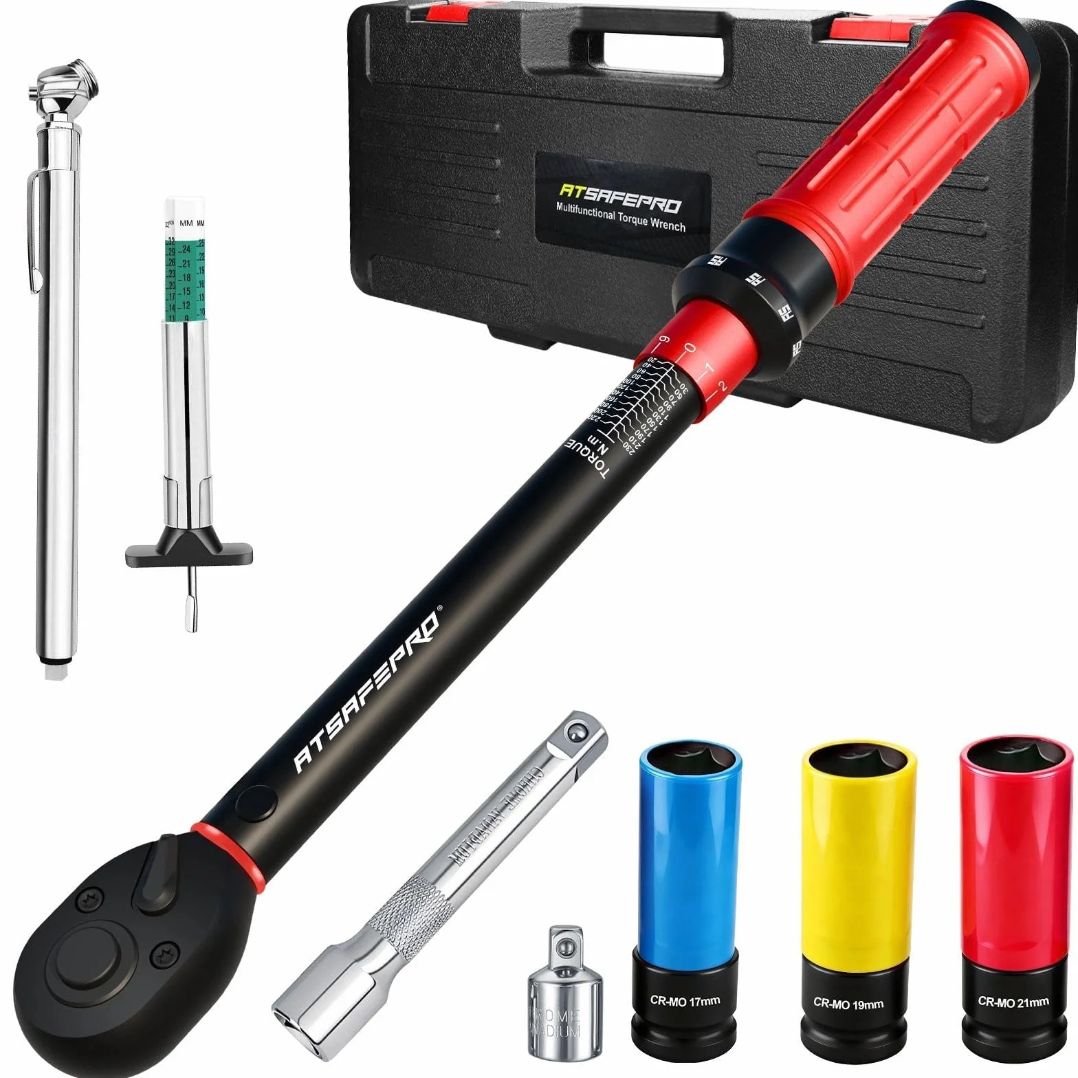 ATsafepro 8-Sztuk Zestaw Klucza Dynamometrycznego 1/2", 20-230 Nm, Manometr do Ciśnienia i Głębokości Bieżnika, Dokładność ±3%, 72-Zęby z 3 Nasadkami, Przedłużka, Adapter do Auta i Motocykla