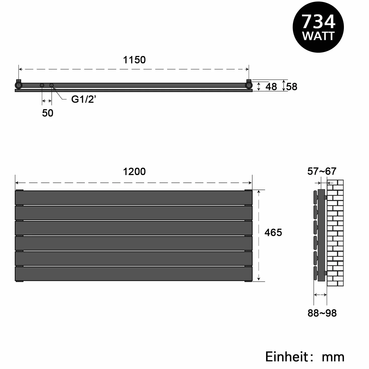 SONNI Designerski grzejnik 1200 x 465 mm antracyt 734 W, jednowarstwowy grzejnik płaski poziomy grzejnik płaski do łazienki przyłącze boczne grzejnik łazienkowy