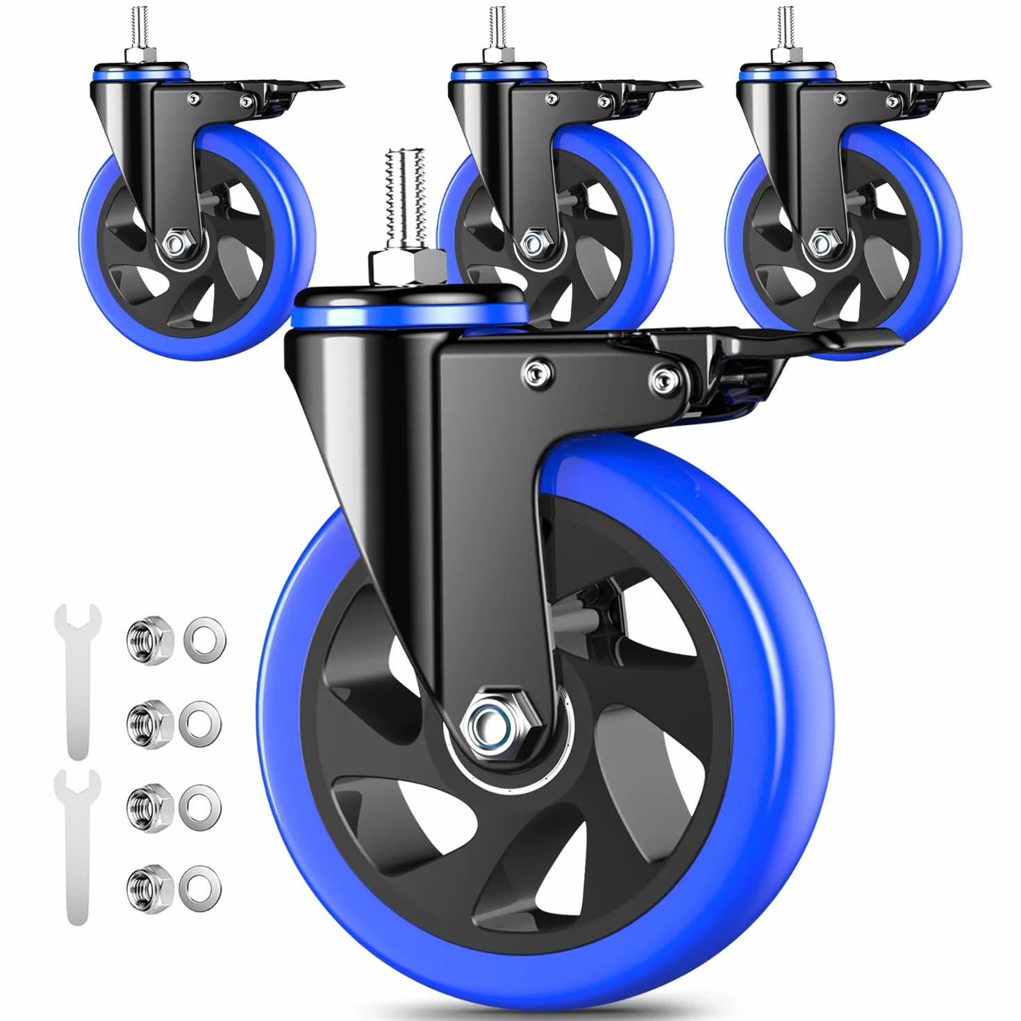 5-calowe kółka jezdne, wytrzymałe, 2200 funtów, kółka z gwintowanym trzpieniem 3/8"-16 x 1 (średnica trzpienia 3/8", długość trzpienia 1"), zestaw 4 kółek obrotowych z blokadą, przemysłowe kółka jez