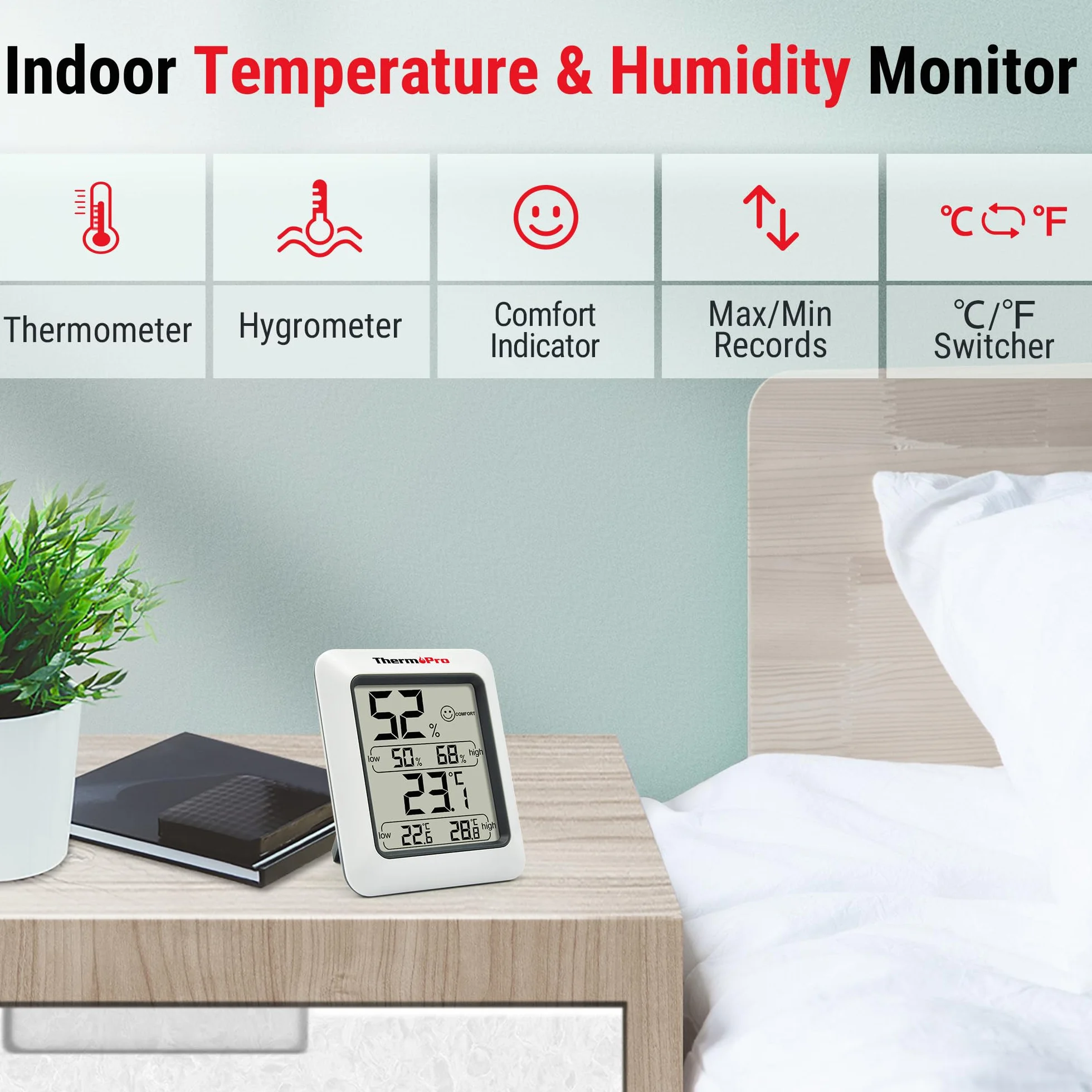 ThermoPro TP50 Cyfrowy termometr z higrometrem do wnętrz z maksymalnymi i minimalnymi temperaturami, wskaźnik wilgotności powietrza i komfortu klimatycznego do domu i biura