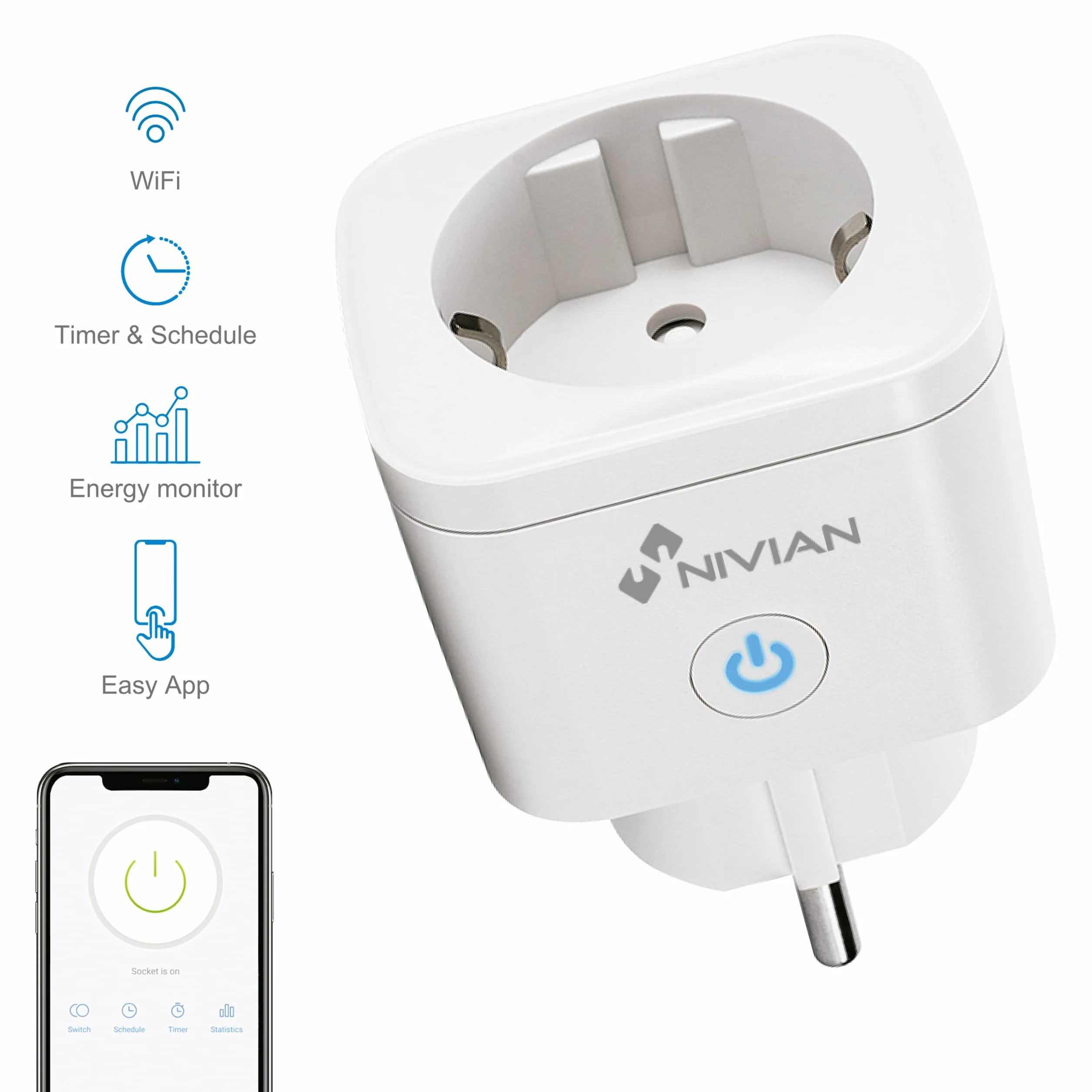 Nivian–Inteligentna wtyczka–Wifi 2.4 Ghz– do 16 A i 3680W – ochrona przeciwprzepięciowa i kontrola zużycia energii–Kompatybilny z Amazon Alexa i Google Home Remote Control z APP Tuya