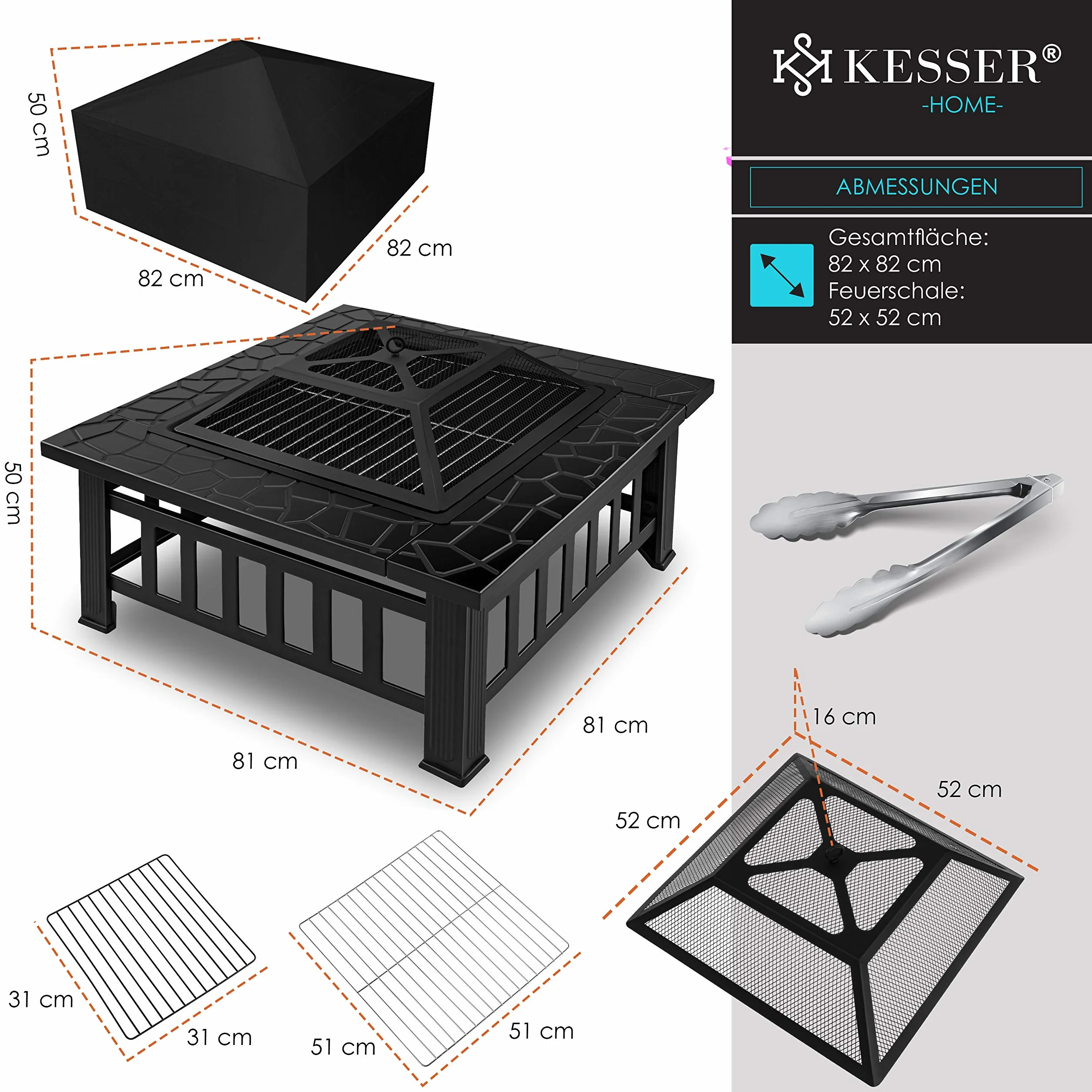 KESSER® Palenisko z rusztem do grillowania i szczypcami do grilla, koksownik 82 x 82 x 50 cm, 3 w 1, do ogrzewania/BBQ, do ogrodu, na taras, metalowy kosz z pokrowcem ochronnym, ochrona przed iskrami