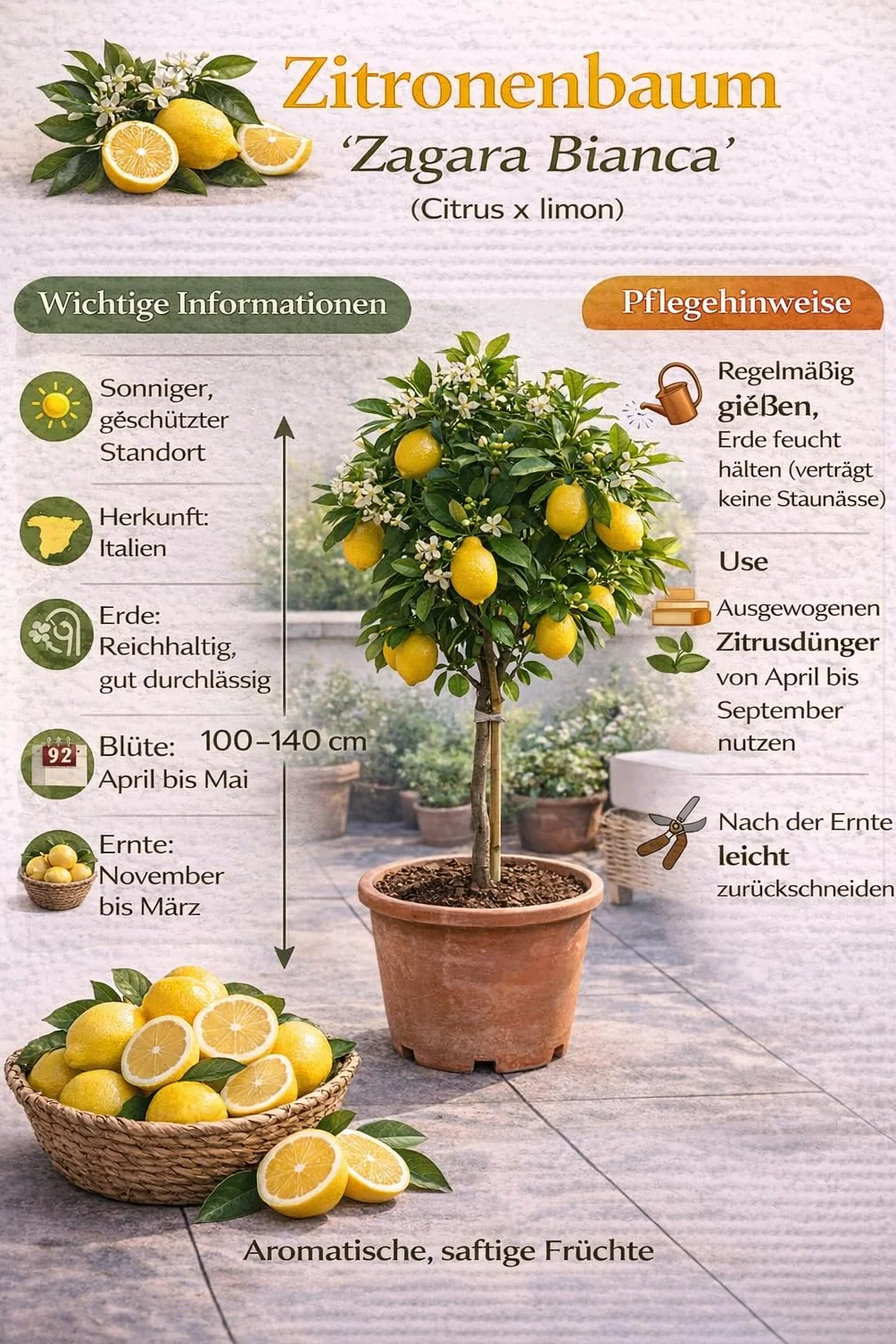 Zitronenbaum Zagara Bianca Citrus x limon 100–140 cm mrozoodporny roślina doniczkowa