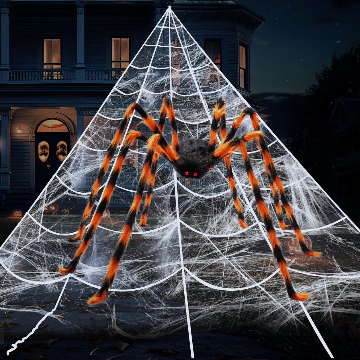 JOYIN Dekoracja pajęczyny na Halloween 150 cm duży pająk 4,0 x 4,8 m trójkątna sieć