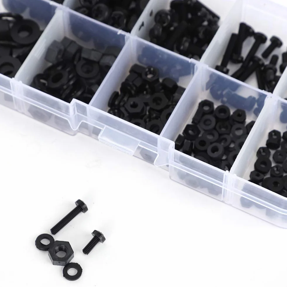 270 szt./pudełko M2 M2,5 M3 M4 M5 plastikowe nylonowe śruby, nakrętki, podkładki, zestaw asortymentowy ze śrubami do przechowywania, wodoodporne, nierdzewne śruby izolacyjne do urządzeń elektrycznych