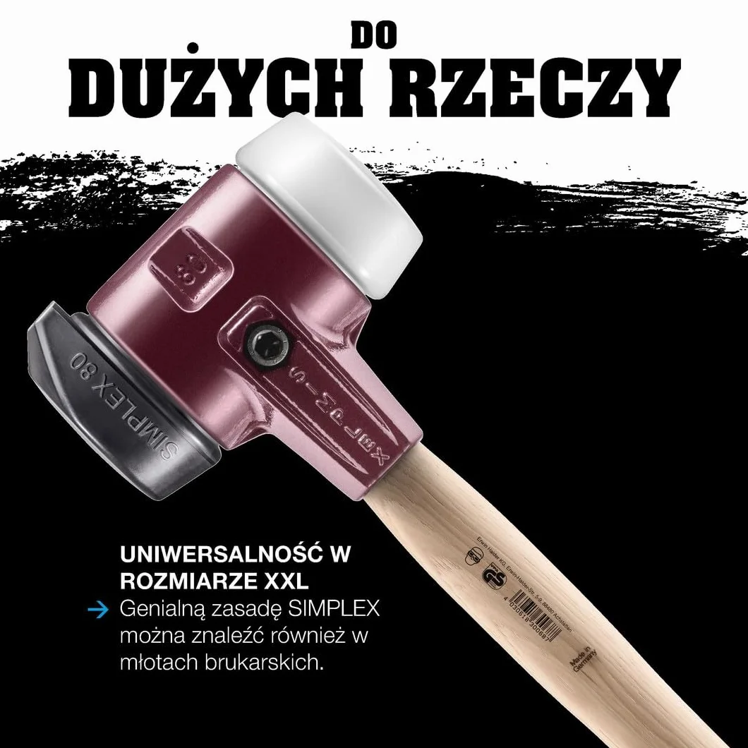 Młotek udarowy SIMPLEX, kompozycja gumowa, z podstawą/kompozycją gumową; z obudową z żeliwa ciągliwego i trzonkiem hikorowym | D=80 mm | 3022.281