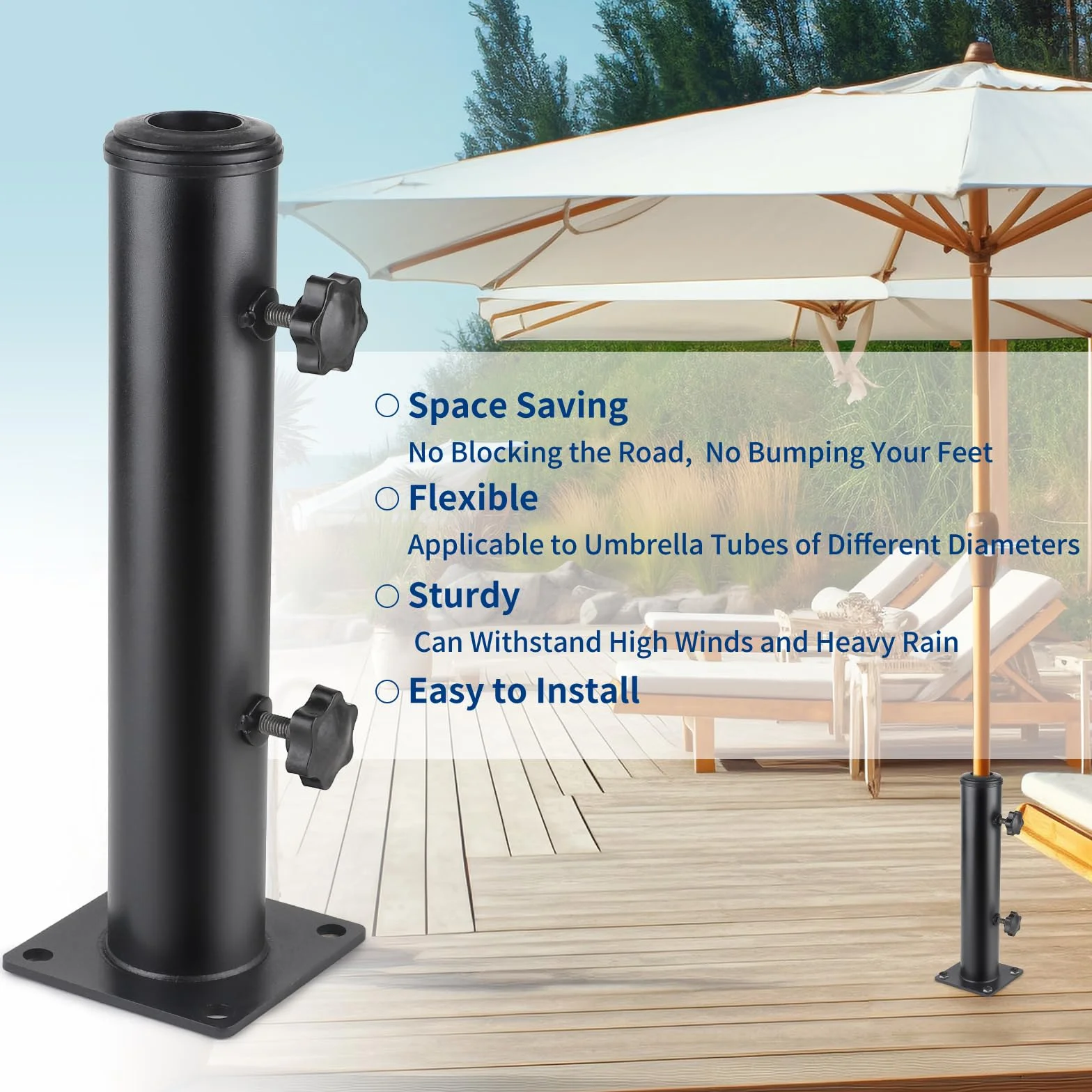 Stojak na parasol przeciwsłoneczny regulowany uchwyt PCW 32/38/48 mm z 8 stalowymi