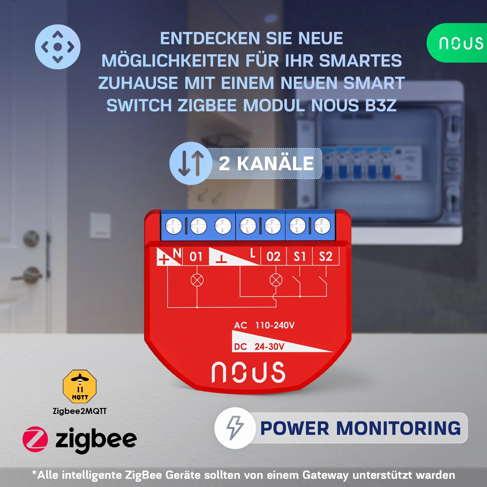 NOUS ZigBee Smart Switch moduły z pomiarem mocy, 2 kanały, AC 16 A/DC 10 A, suche styki, wymagany koncentrator 3.0, kompatybilny z Alexa, Zigbee2MQTT, Google Assistant, Home Assistant, Tuya