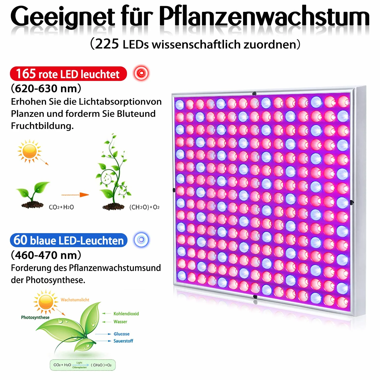 ACXIN Lampa LED do uprawy roślin, 45 W, 225 diod LED, pełne spektrum światła, do uprawy roślin pokojowych