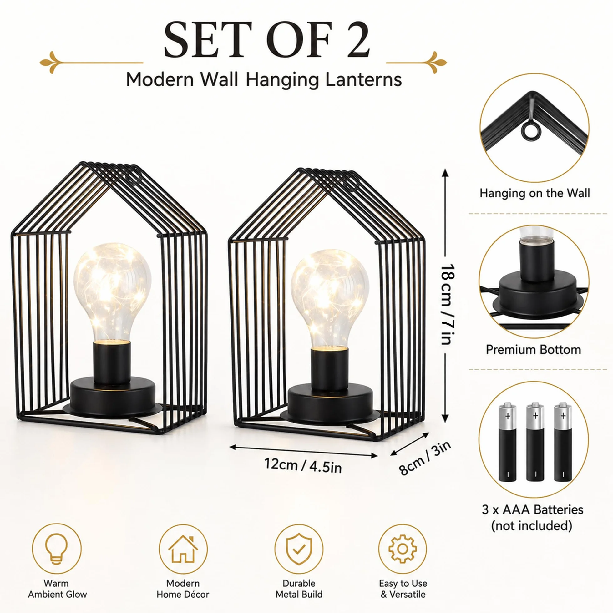 JHY DESIGN Zestaw 2 lamp na baterie 18 cm wys. vintage kinkiet metalowa klatka wisząca bezprzewodowa lampa ścienna z 6-godzinnym timerem