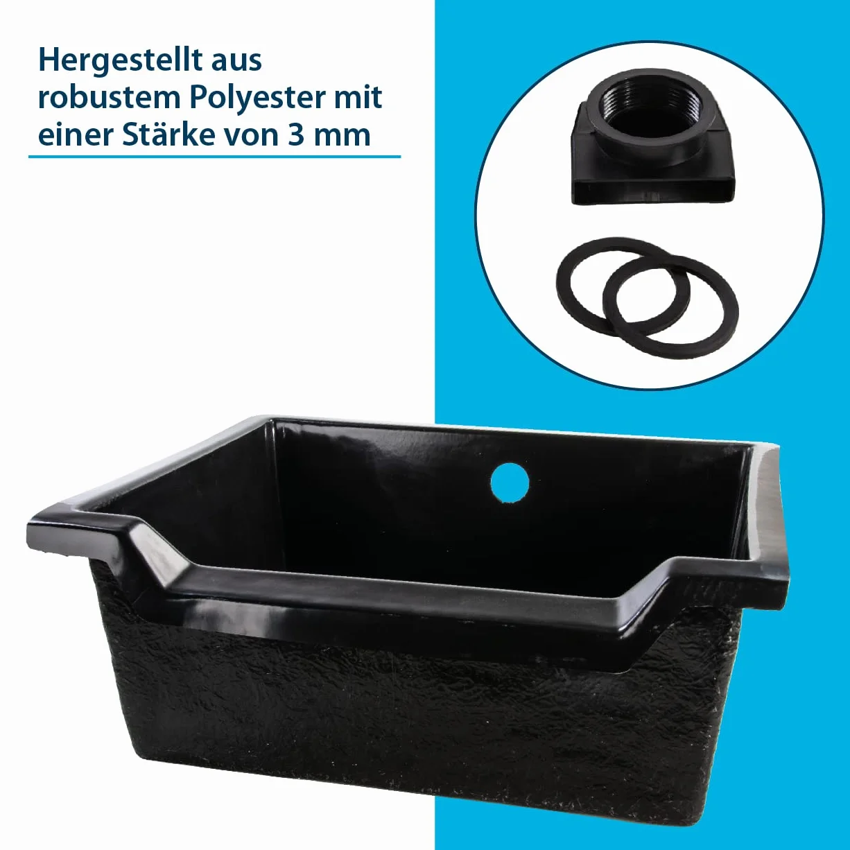 AquaForte Fastfall 72 wodospad, 72 x 62 x 28 cm, poliester o grubości 3 mm, ze specjalnym adapterem do węża 20/25/32/38 mm, zakres przepływu 1300 – 9000 l/h, łatwy montaż