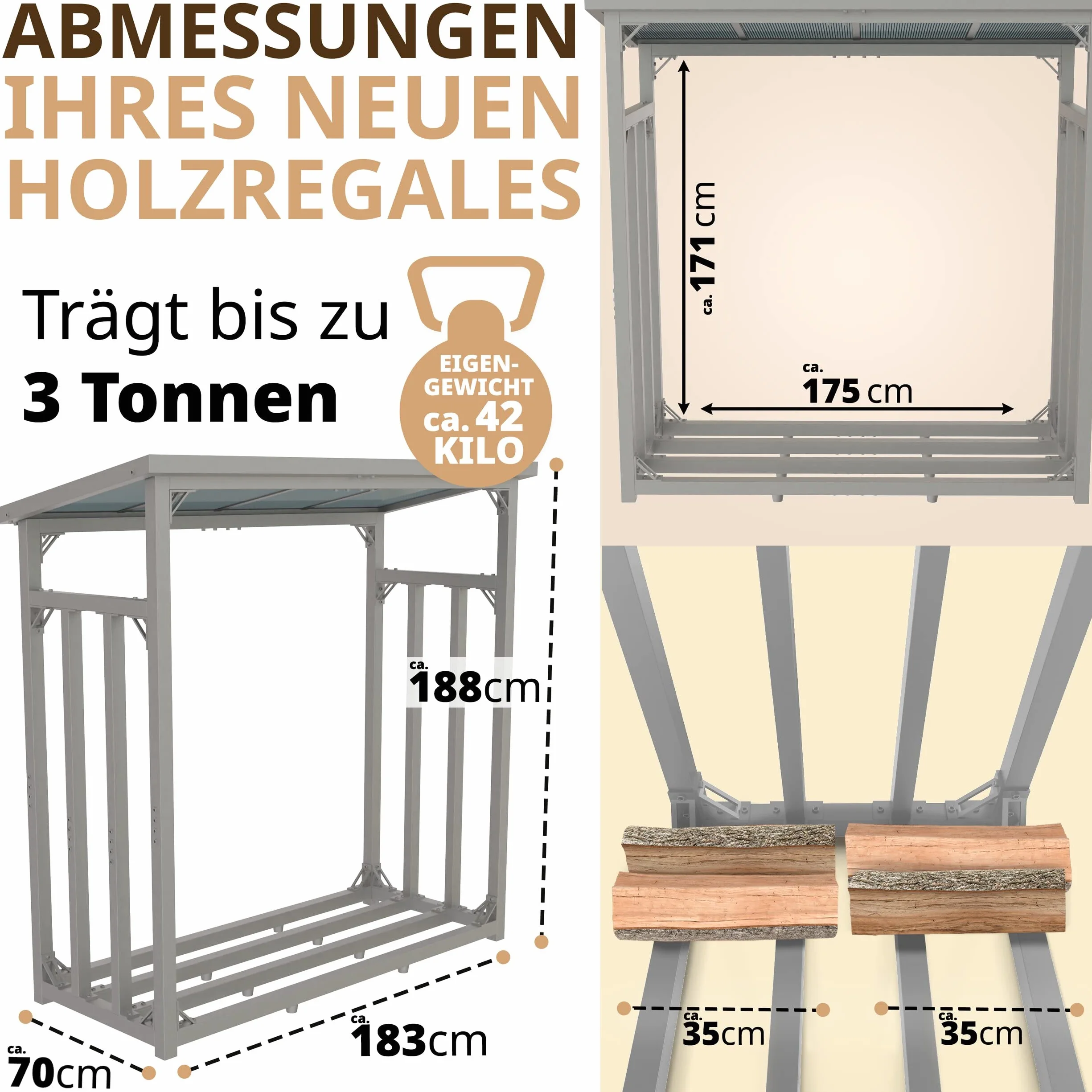 Regał na drewno opałowy metalowy ZINCED 188x70x188 3t z dachem i pokrywą