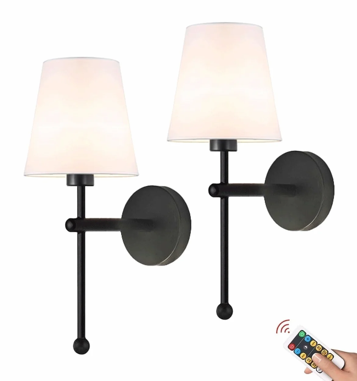 Akumulatorowa lampa ścienna, zestaw 2 lamp ściennych zasilanych bateriami z pilotem, bezprzewodowy kinkiet ścienny, kinkiety ścienne na baterie, bez okablowania, lampa ścienna z tkaniny regulatab