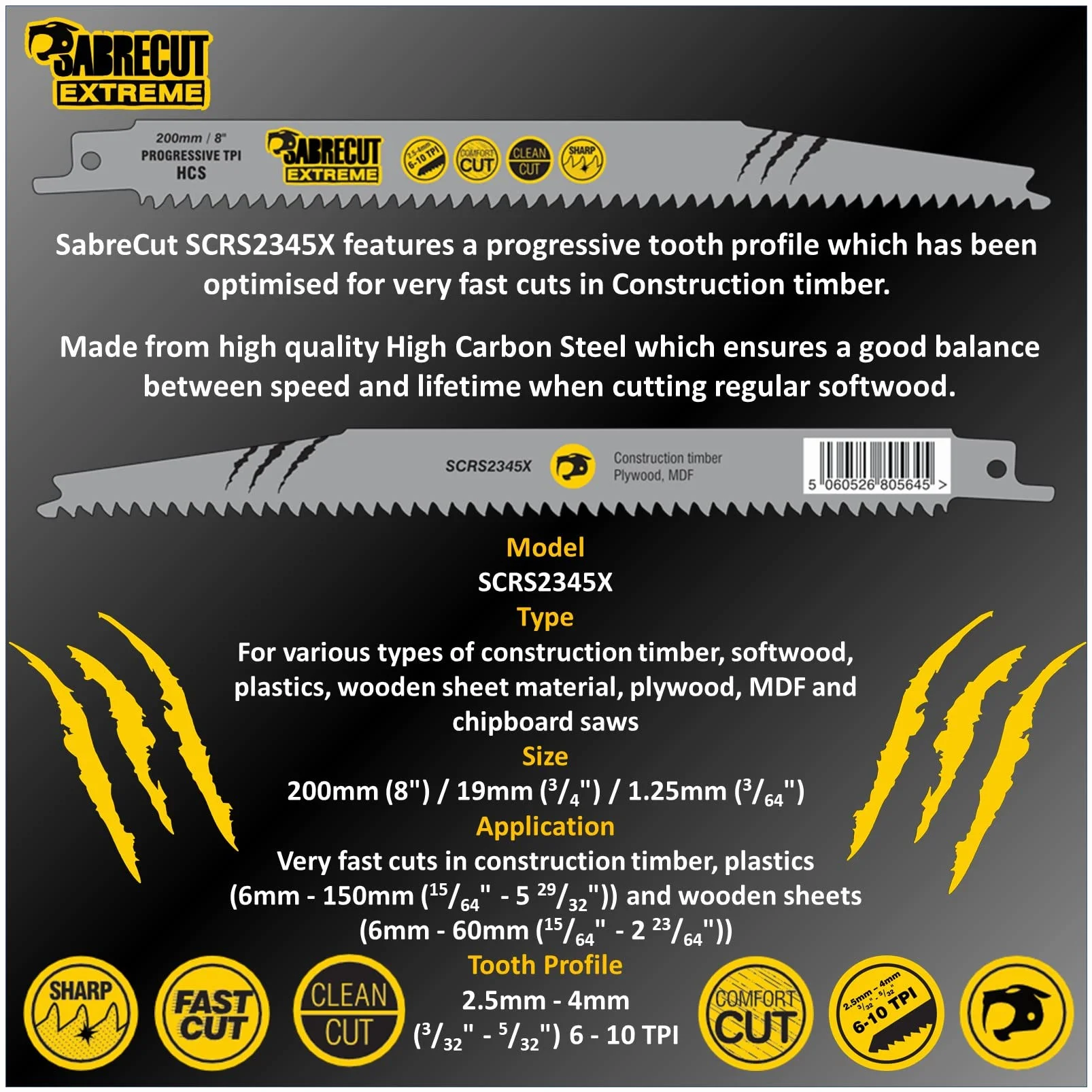 3 x SabreCut SCRS2345X_3 200 mm 6-10 TPI S2345X bardzo szybkie brzeszczoty szablaste do cięcia drewna
