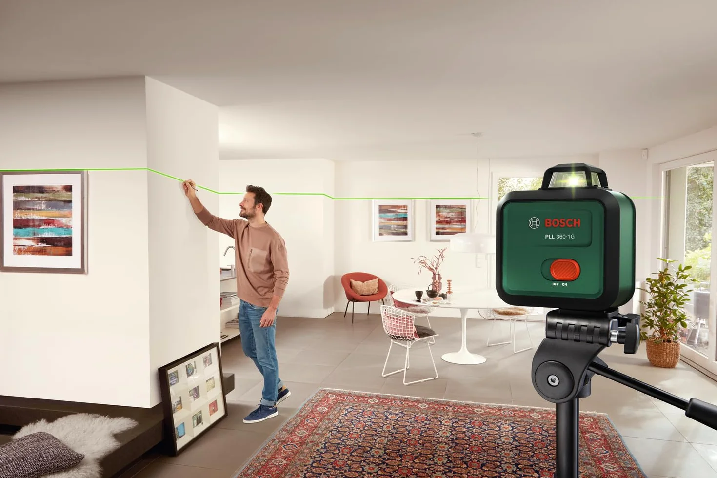 Bosch Laser płaszczyznowy PLL 360-1G (zielona wiązka laserowa 360°, funkcja samopoziomowania, dokładność ±0,4 mm/m, zintegrowany akumulator Li-ion, USB-C®, opakowanie kartonowe E-Commerce)