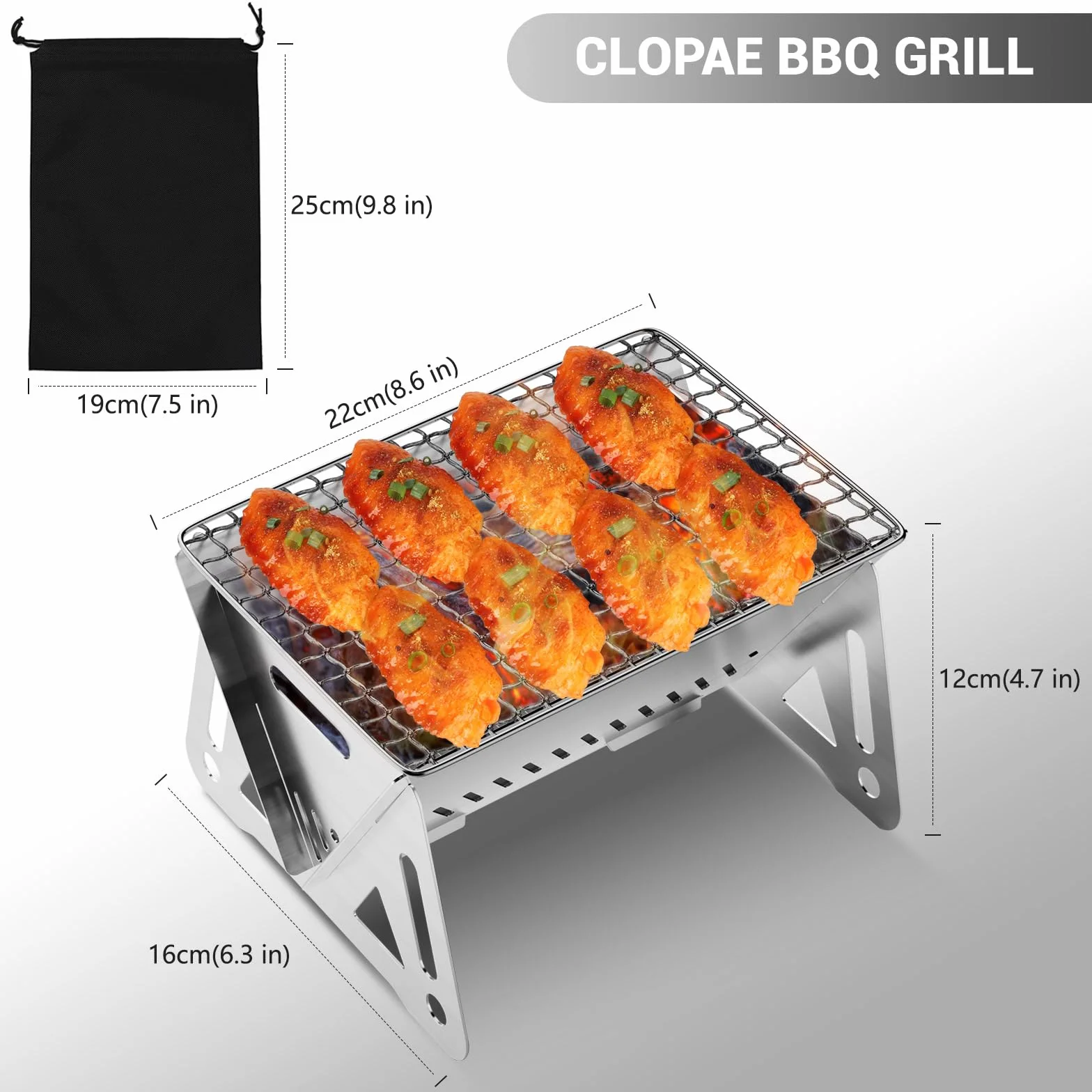 CLOPAE Składany grill kempingowy na węgiel drzewny ze stali nierdzewnej przenośny 21x16x12 cm