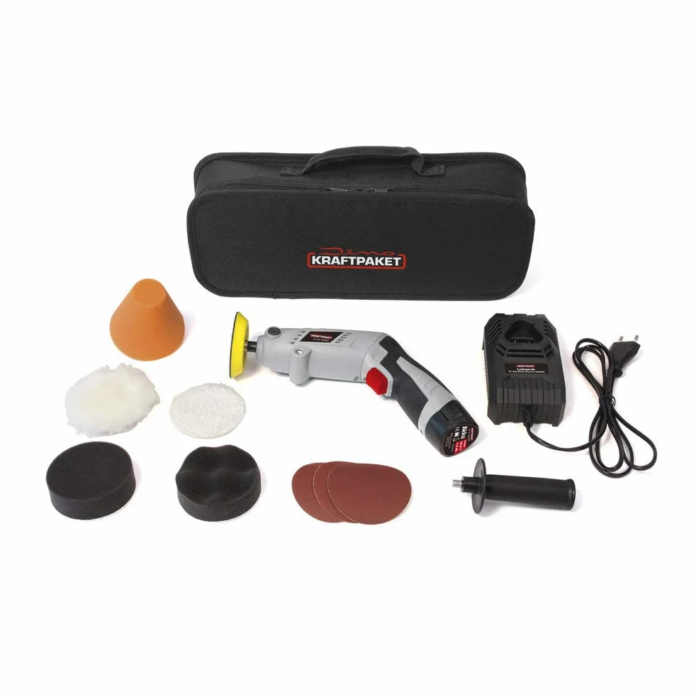 Dino KRAFTPAKET 640256 10,8 V akumulatorowa maszyna do polerowania Multiplex 75 mm talerz 600 – 3000 obr./min z obrotową obudową do pręta lub pistoletu. Kompletny zestaw z padami, talerzem polerskim, ładowarką, torbą, szara