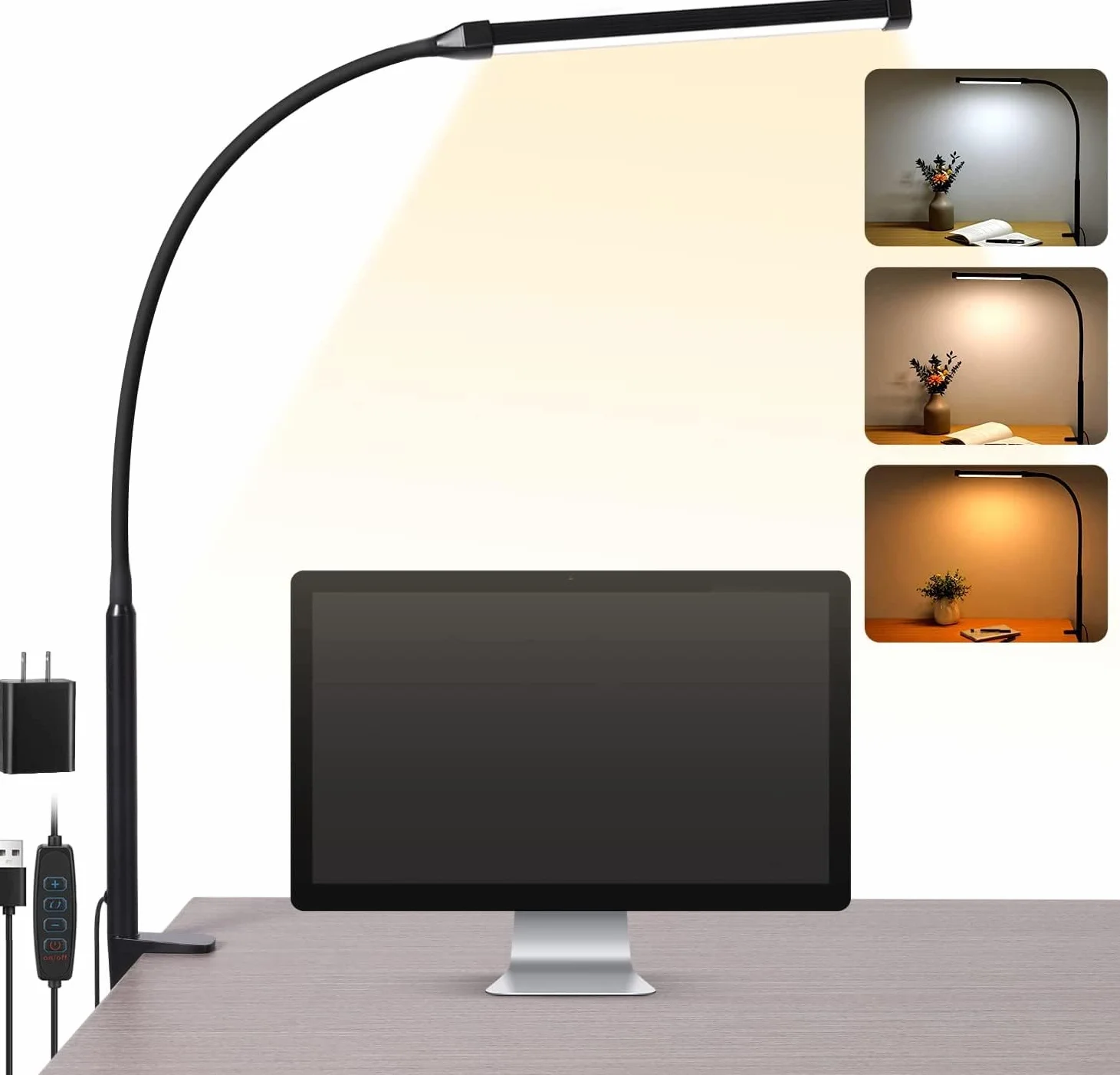 Voncerus lampa biurkowa LED z zaciskiem, do domowego biura, 3 tryby świecenia, 10 jasności, długa elastyczna gęsia, metalowa, huśtawka z adapterem USB, czarna