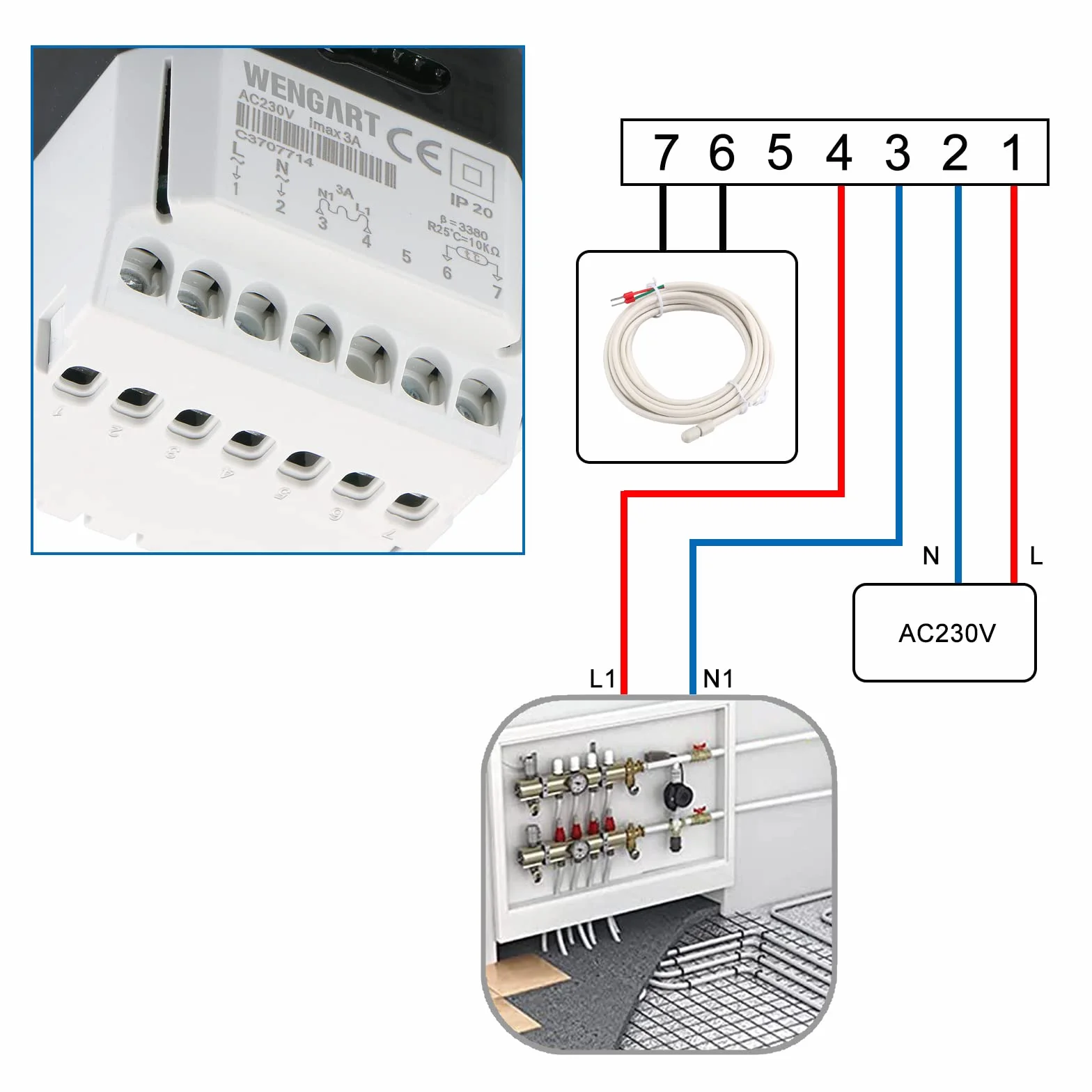 Wengart Termostat programowalny WG806, wyjście 230V 3A, wyświetlacz LCD, przystosowany do ogrzewania wody, biały