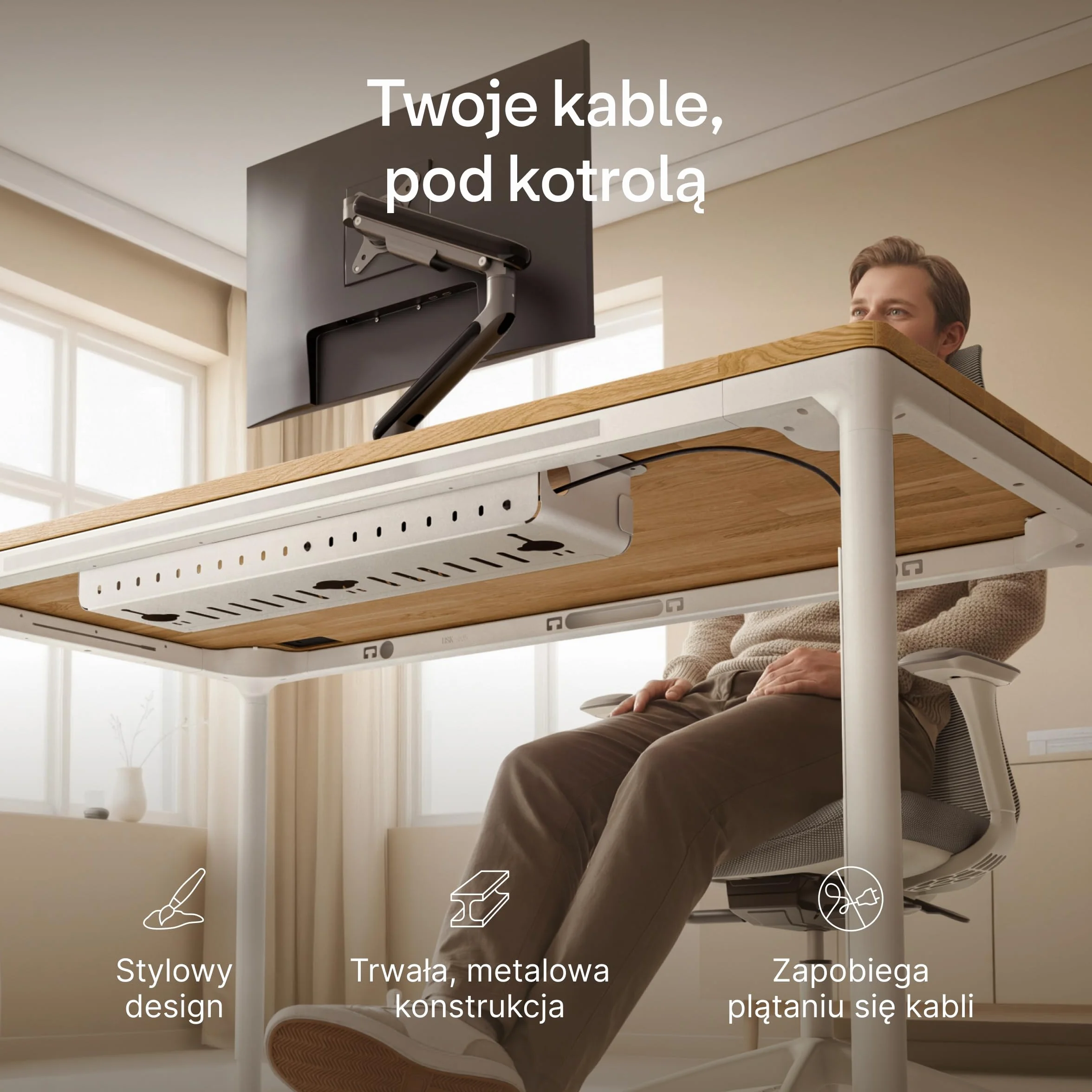 Cable Management Pro – Organizer kabli pod biurko z wbudowaną listwą zasilającą, stalowa tacka na kable z magnetyczną osłoną, wentylowana konstrukcja, łatwy montaż