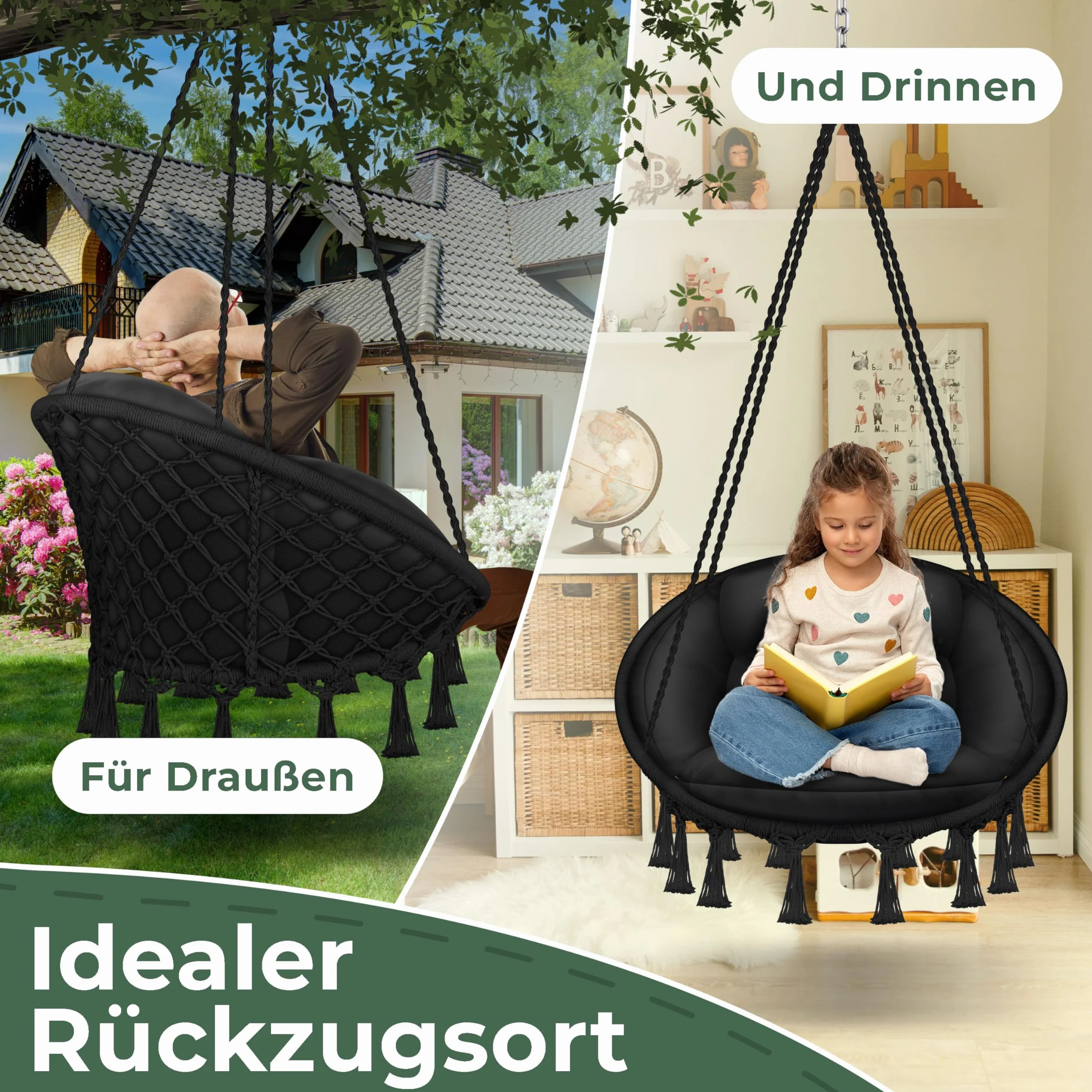 KESSER® Fotel wiszący z poduszką – Chill krzesło wiszące do zawieszenia dla dorosłych i dzieci, hamak do 150 kg, do zawieszenia wewnątrz i na zewnątrz, do salonu i ogrodu, na taras, czarny
