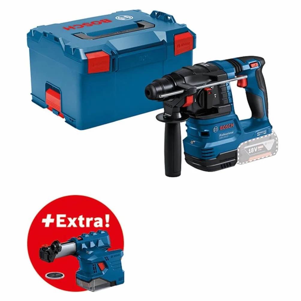 Bosch Professional system 18V: akumulatorowy młot udarowo-obrotowy GBH 18V-22 (SDS plus, idealny do wiercenia otworów o średn. 6–10 mm, GDE 18V-12, walizka L-BOXX)