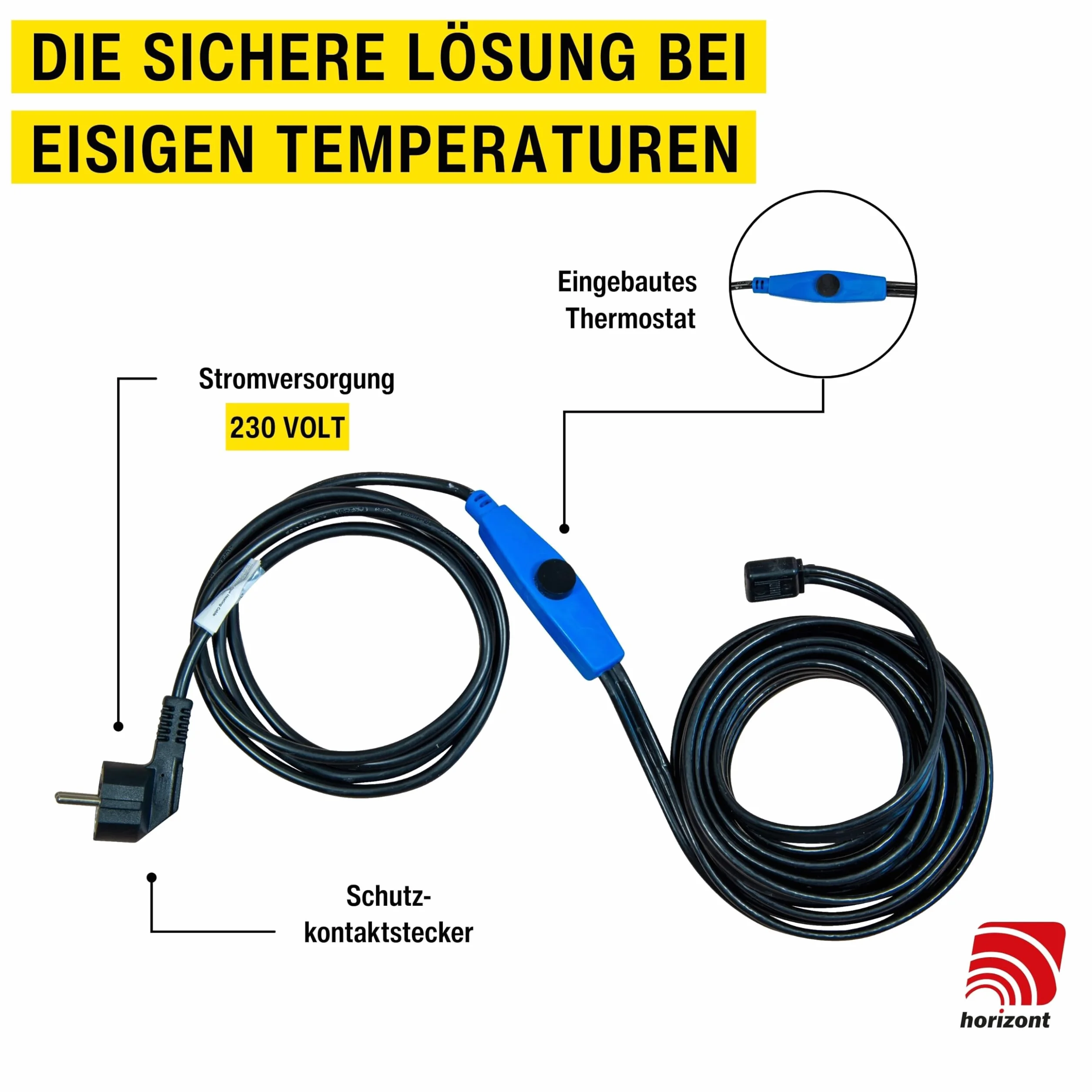 horizont Kabel grzewczy z termostatem 1-48 m, idealny do instalacji wodociągowej lub roślin, wodoszczelne ogrzewanie towarzyszące, grzejnik elektryczny, kabel grzewczy do palm