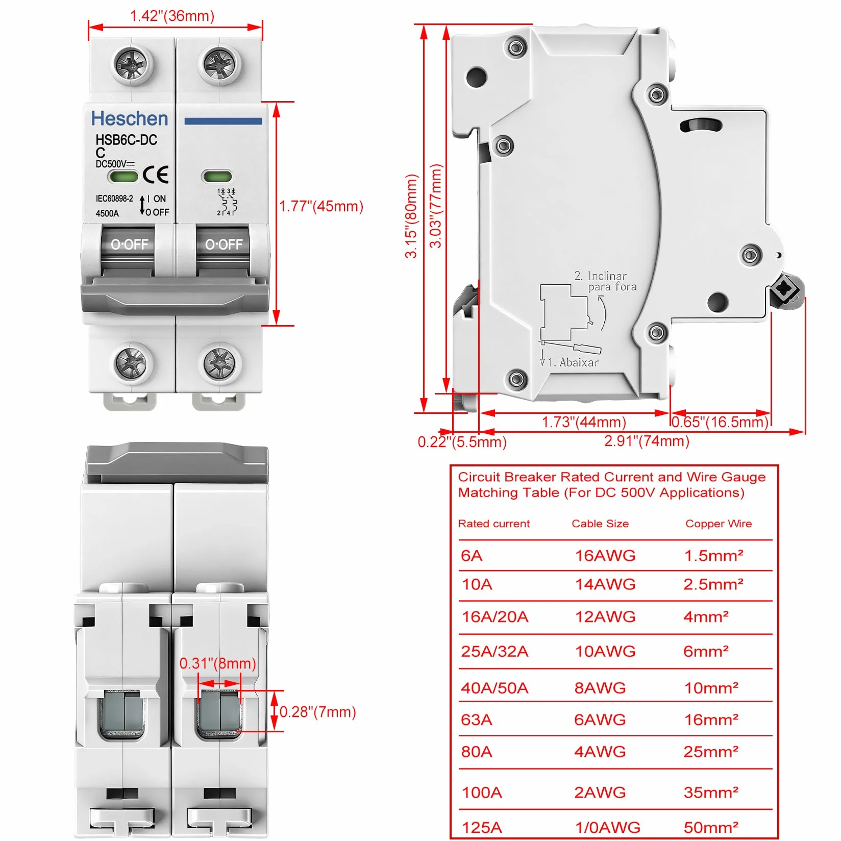 Heschen Miniaturowy wyłącznik prądu stałego, HSB6C-DC, 2 bieguny, DC 500 V 63 A, wyłącznik fotowoltaiczny, do systemu fotowoltaicznego, system kratowy, montaż na szynie DIN 35 mm