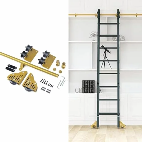 Zestaw akcesoriów do drabiny do biblioteki, 6 m, okrągła prowadnica rurowa z hamulcem, kompletny zestaw do użytku w domu/wewnątrz/na poddaszu, łatwa instalacja i stylowy system drabinkowy