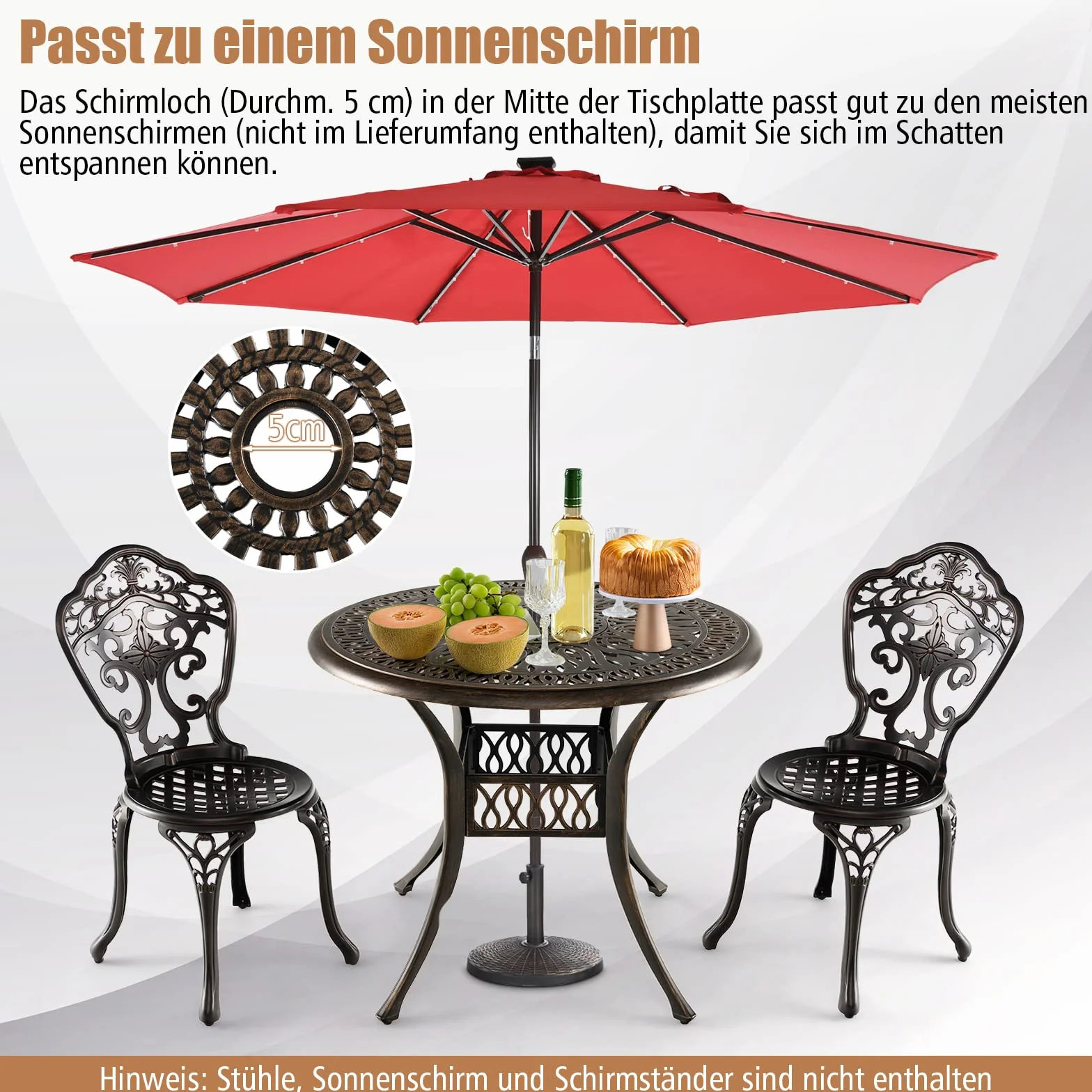 COSTWAY Stół ogrodowy z otworem na parasol, Ø 90 cm, okrągły stół balkonowy z odlewu aluminiowego, odporny na warunki atmosferyczne, stół tarasowy do ogrodu, antyczny wygląd, 90 x 90 x 74 cm