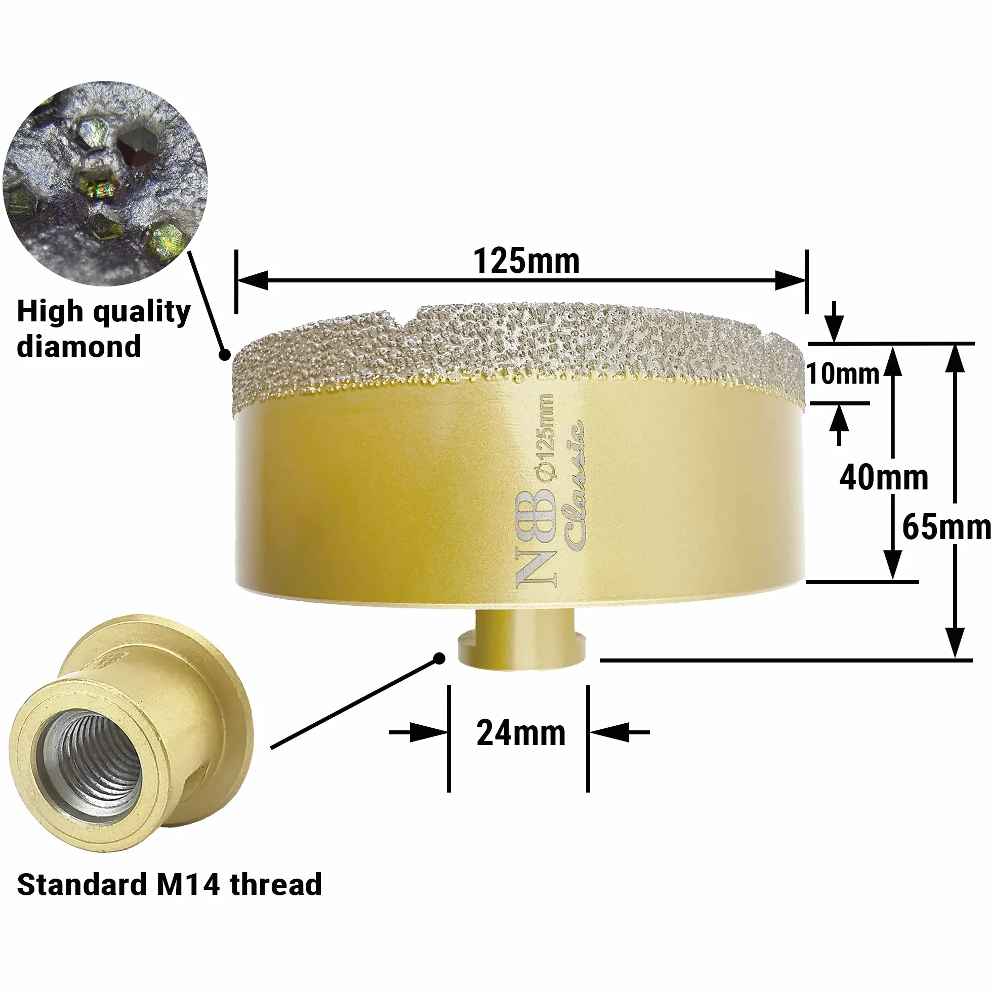 NBB Frez diamentowy z M14, korona diamentowa do profesjonalnego wiercenia na sucho i na mokro w twardej porcelanie, ceramice, płytek, granicie, marmurze, płytkach, do szlifierki Angular (1, 125 mm)