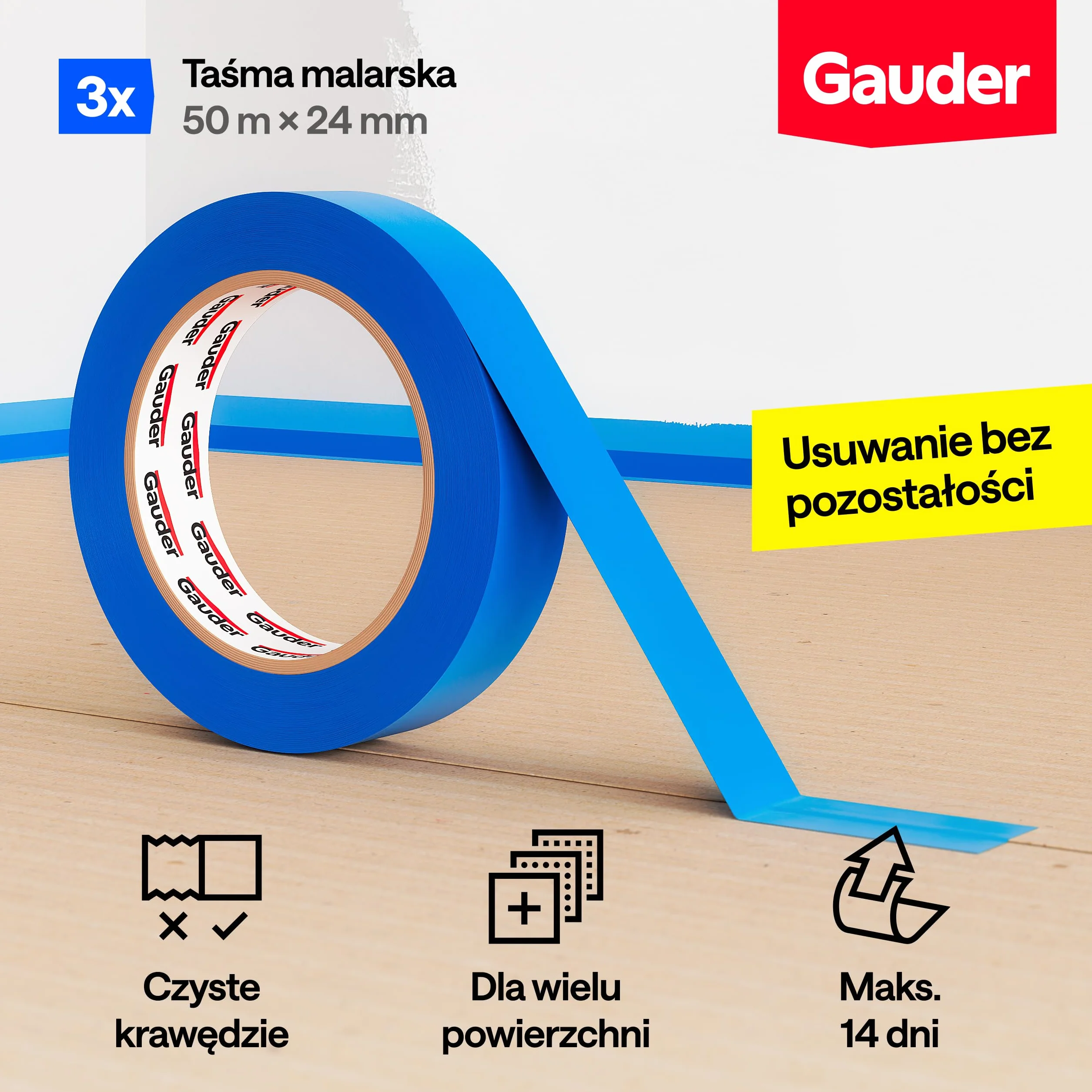GAUDER Taśma Maskująca do Malowania - Ochronna Taśma Washi do Remontu, Dekoracji i Projektów DIY - Łatwe Usuwanie bez Pozostałości (3 Rolki - 24 mm x 50 m)