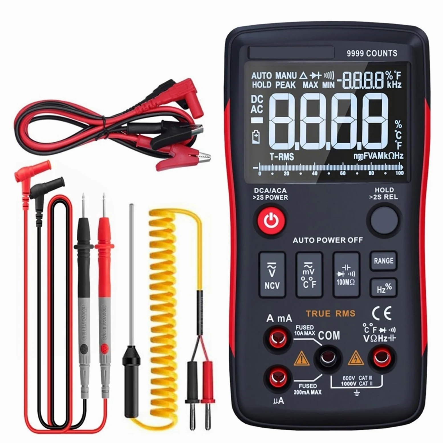 Multimetr Cyfrowy 102A Auto Zakres EBTN LCD DC AC Woltomierz Amperomierz Kondensator Prądu Ohm Temp NCV Tester Szybko Dokładnie Łatwy Odczyt(A)