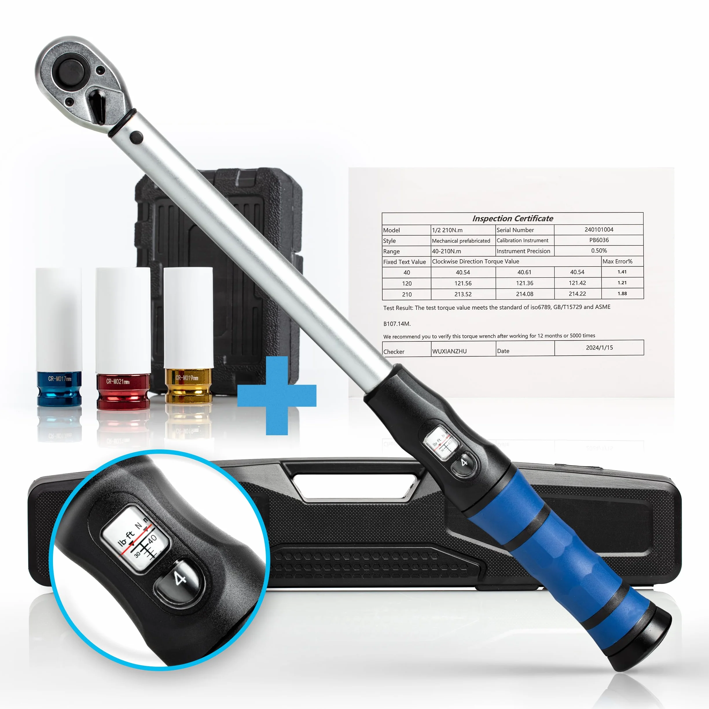 NTG Klucz dynamometryczny 1/2" cala 40-210 Nm z uchwytem ergo, w zestawie walizka i zestaw z aluminiowymi nasadkami ochronnymi, bardzo precyzyjny i wytrzymały, profesjonalny klucz dynamometryczny