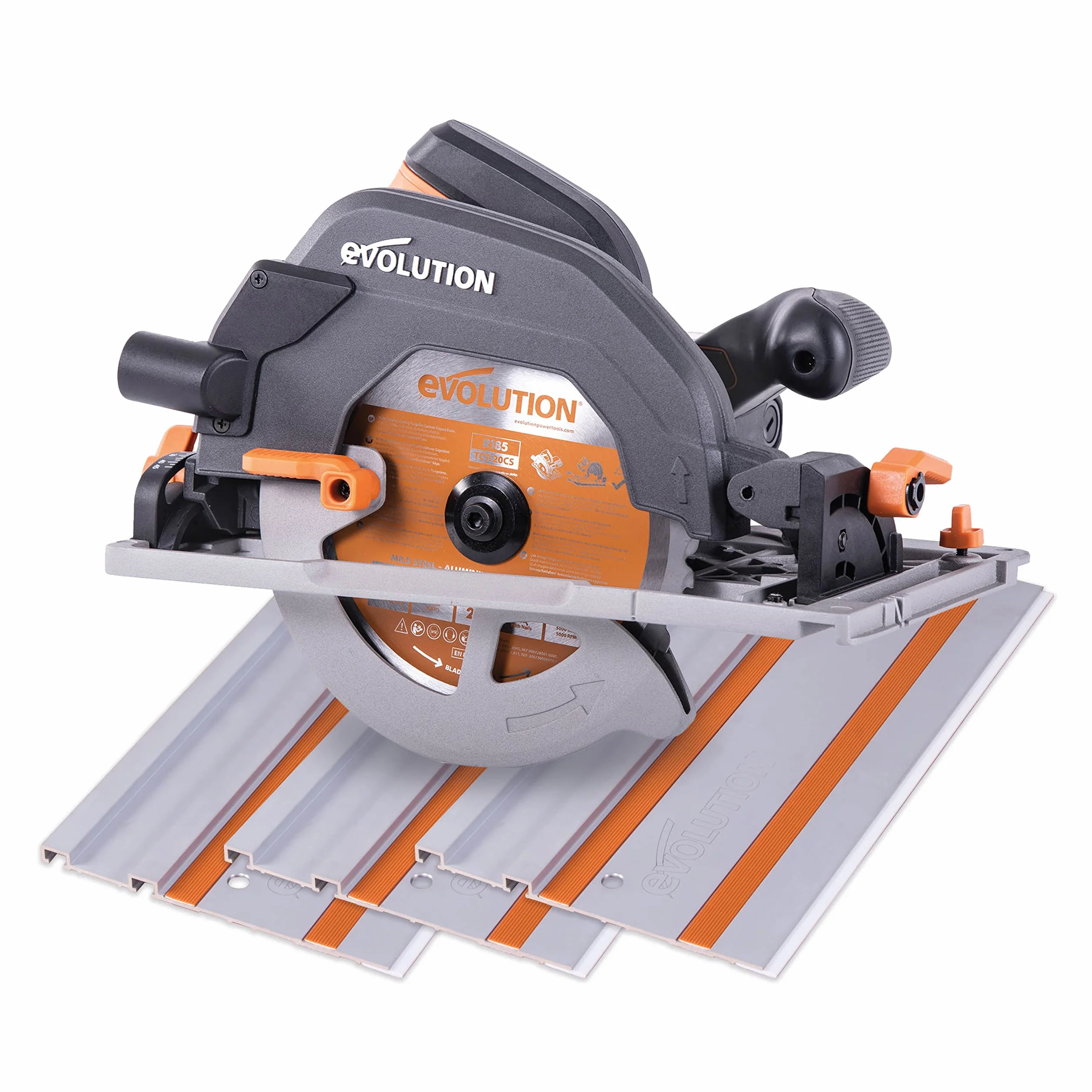 Evolution Power Tools R185CCSX Piła tarczowa i prowadnica do różnych materiałów, tnie drewno, drewno z gwoździami metal stal aluminium plastik, opcja odchylenia, w zestawie prowadnica 1020 mm, 185 mm