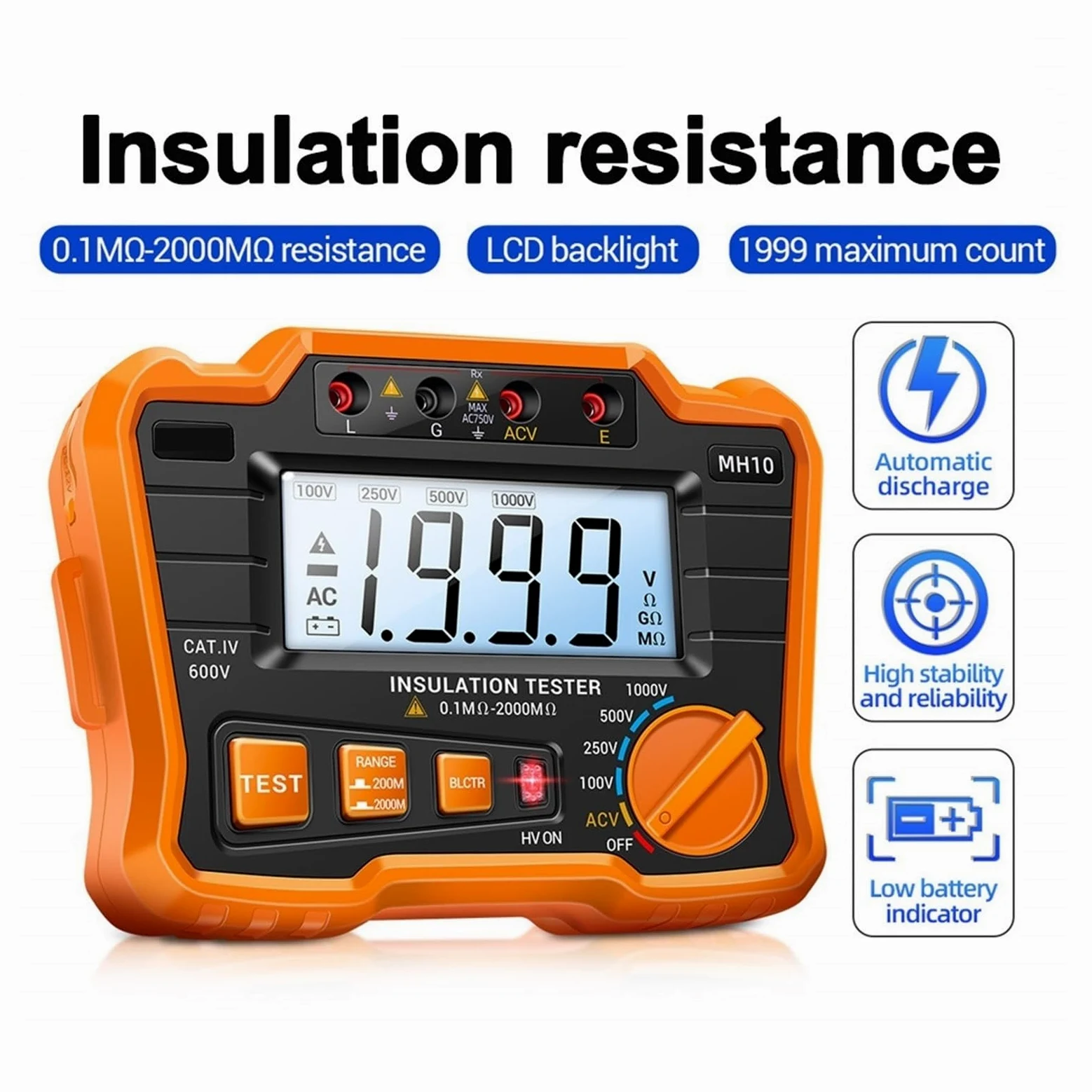 Cyfrowy Megaomomierz Do Pomiaru Rezystancji Izolacji, Miernik Uziemienia, Automatyczne Rozładowanie Napięcia AC/DC, Tester LCD Wysoka CzułOść(Orange)