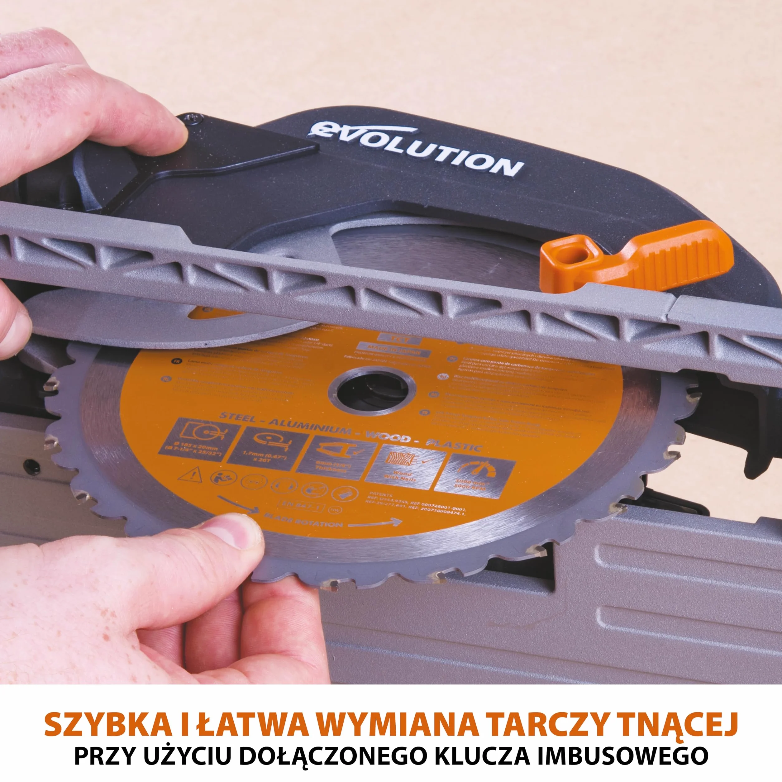 Evolution Power Tools R185CCS Pilarka tarczowa z szyną i tarczą TCT 185 mm do cięcia wielu materiałów: tnie drewno, metal stal aluminium plastik, opcja odchylenia, w zestawie prowadnica